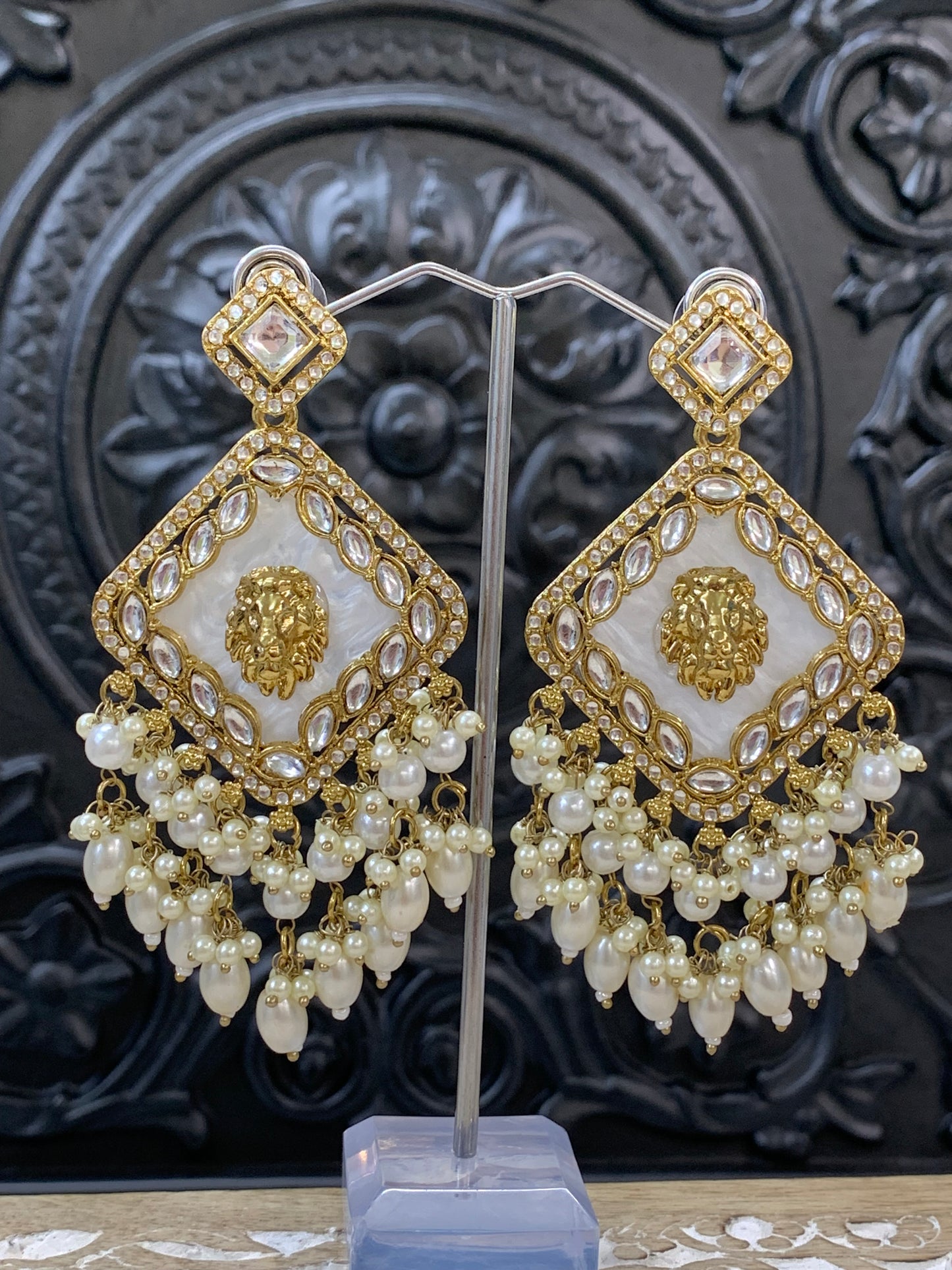 Amaya statement sabyasachi fashion earring tiger detail white pearl gold