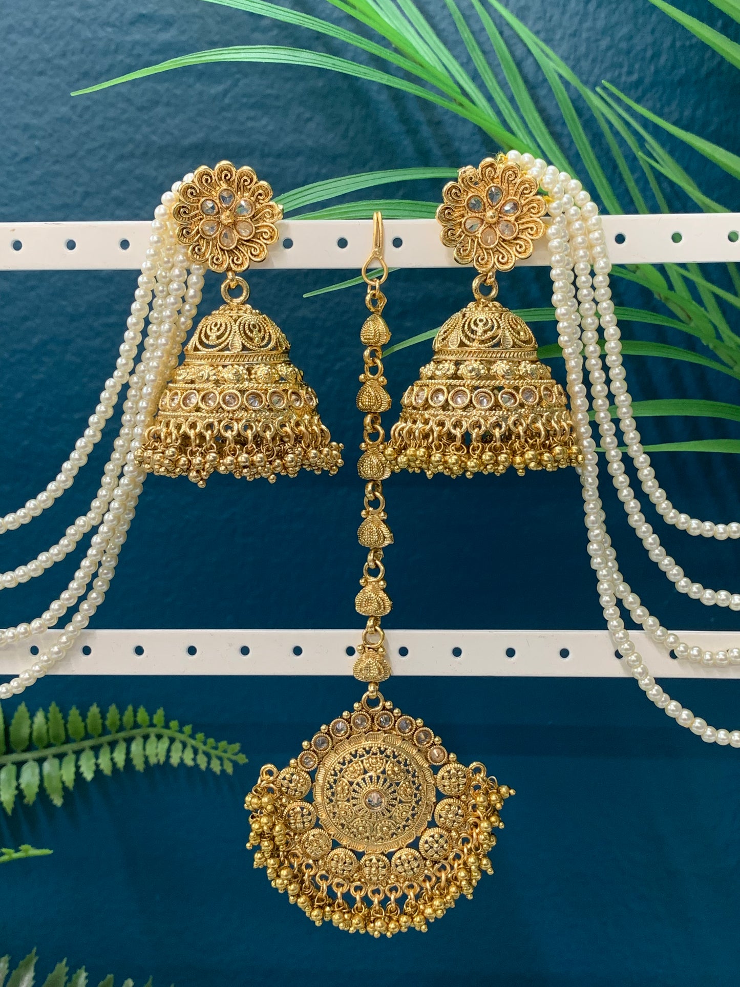 Bahubali style hold jhumki tikka with 5 layers of pearl Sahare Harini