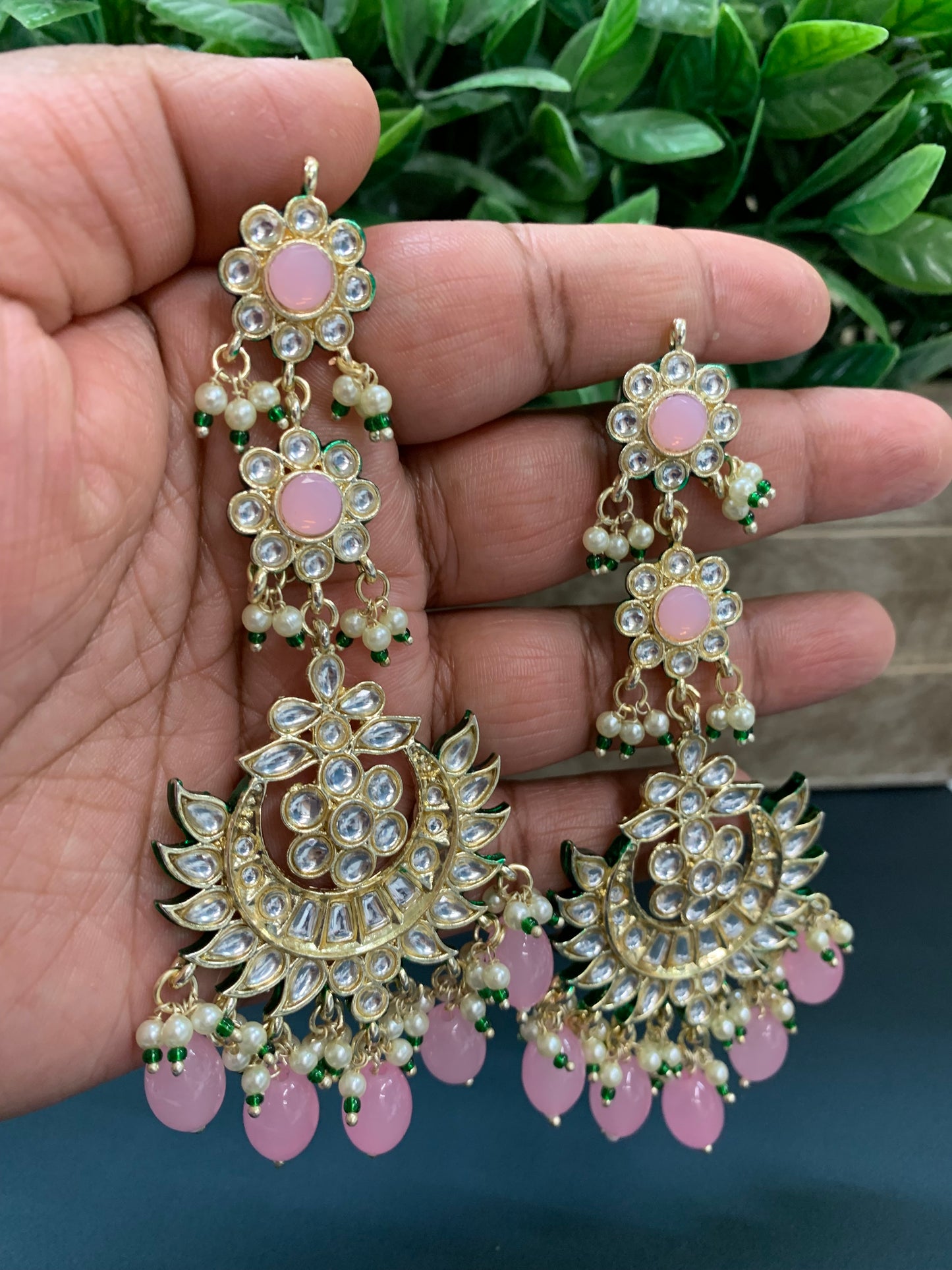 Aru kundan long statement earring pink