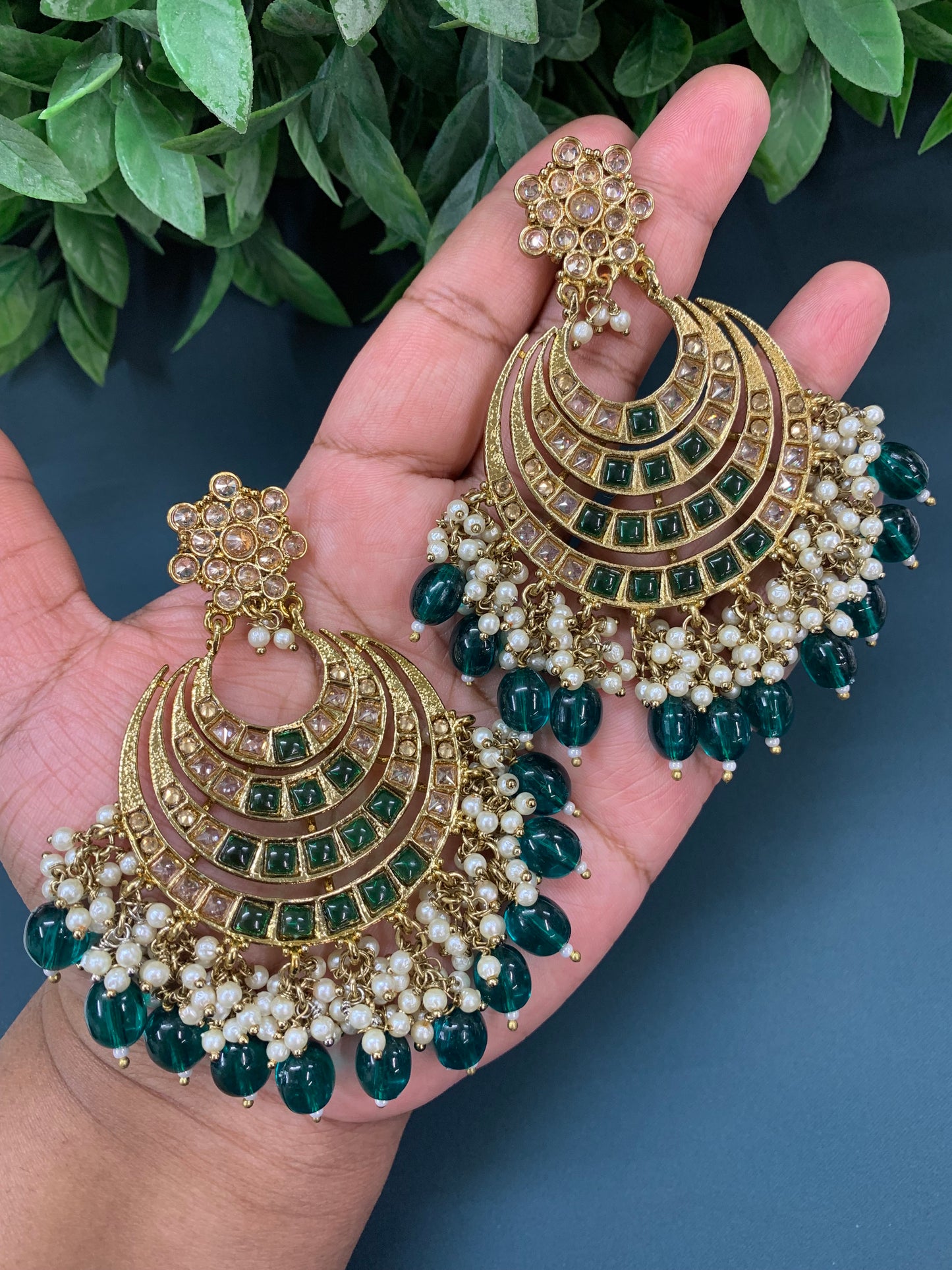 Bloom polki chandbali earring antique/ emerald green