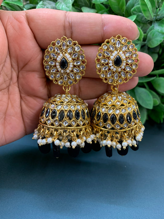 Priya gold plated kundan jhumki earring and tikka black