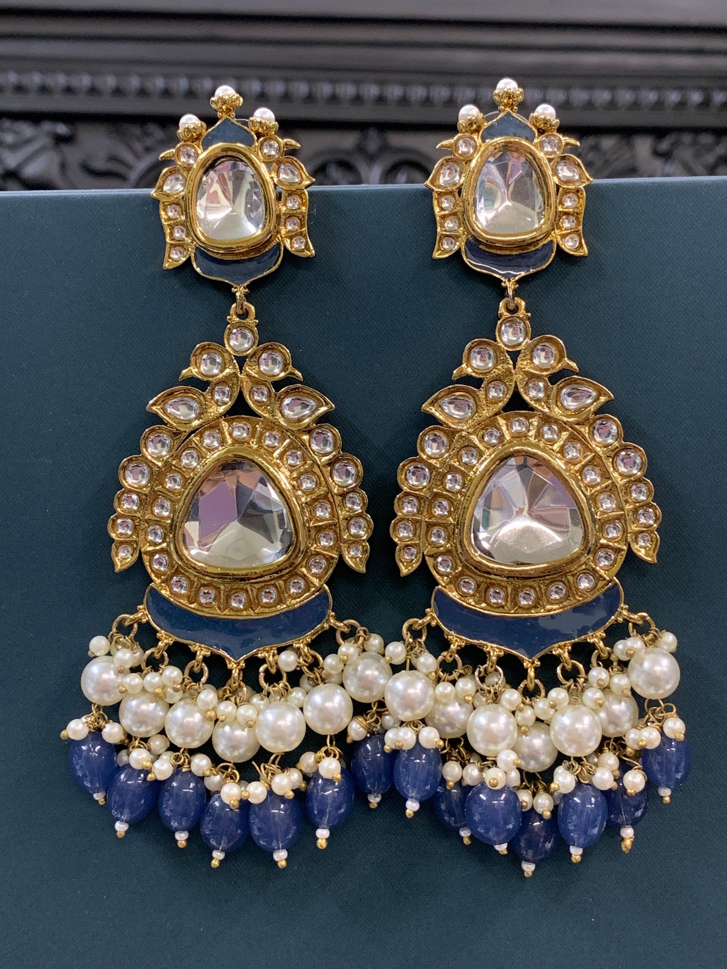 Kim kundan statement fashion earring denim blue