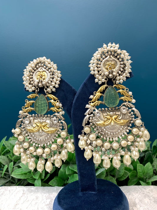 Silver replica oversize chandelier earring dual tone