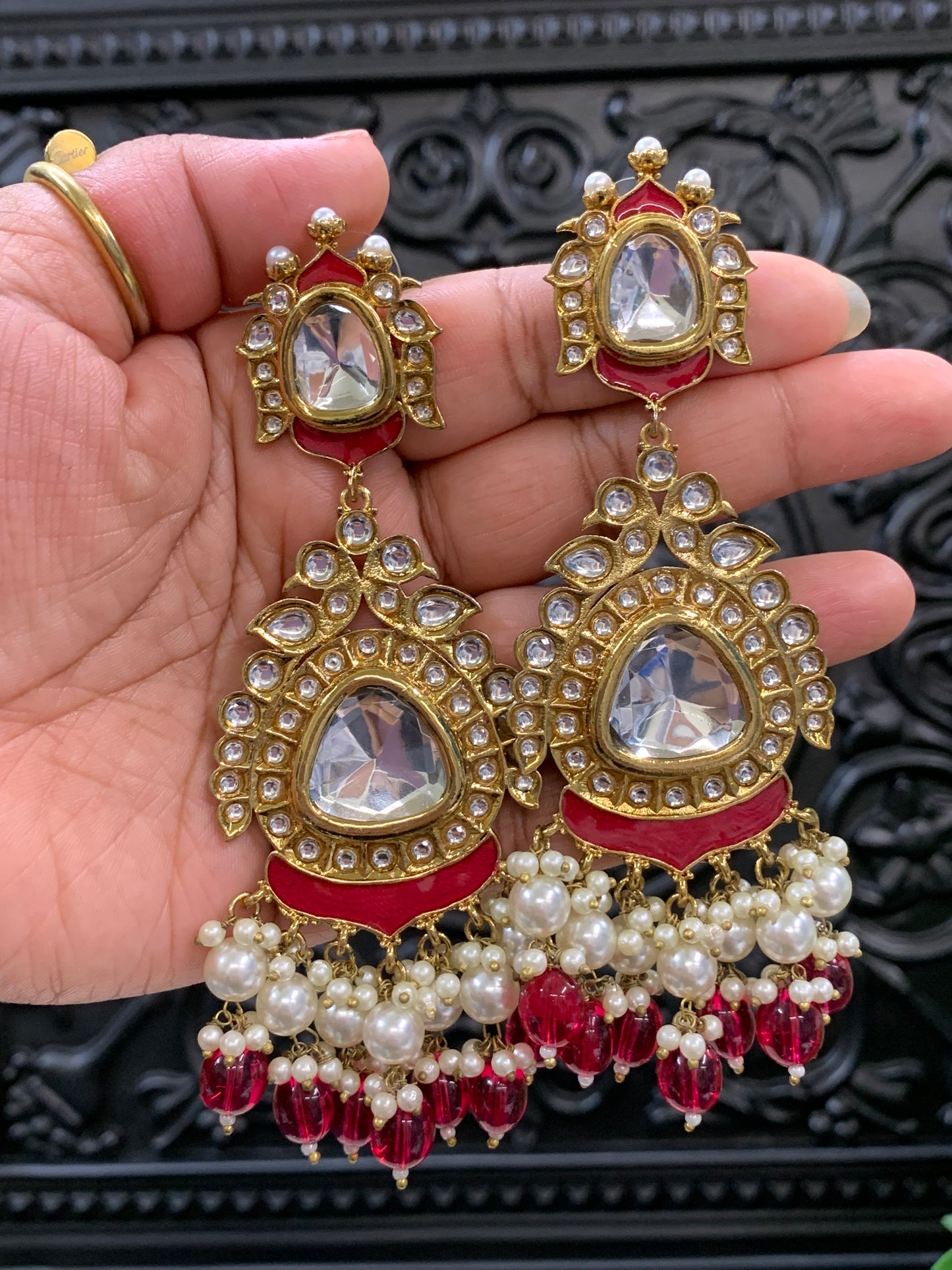 Kim kundan statement fashion earring ruby red