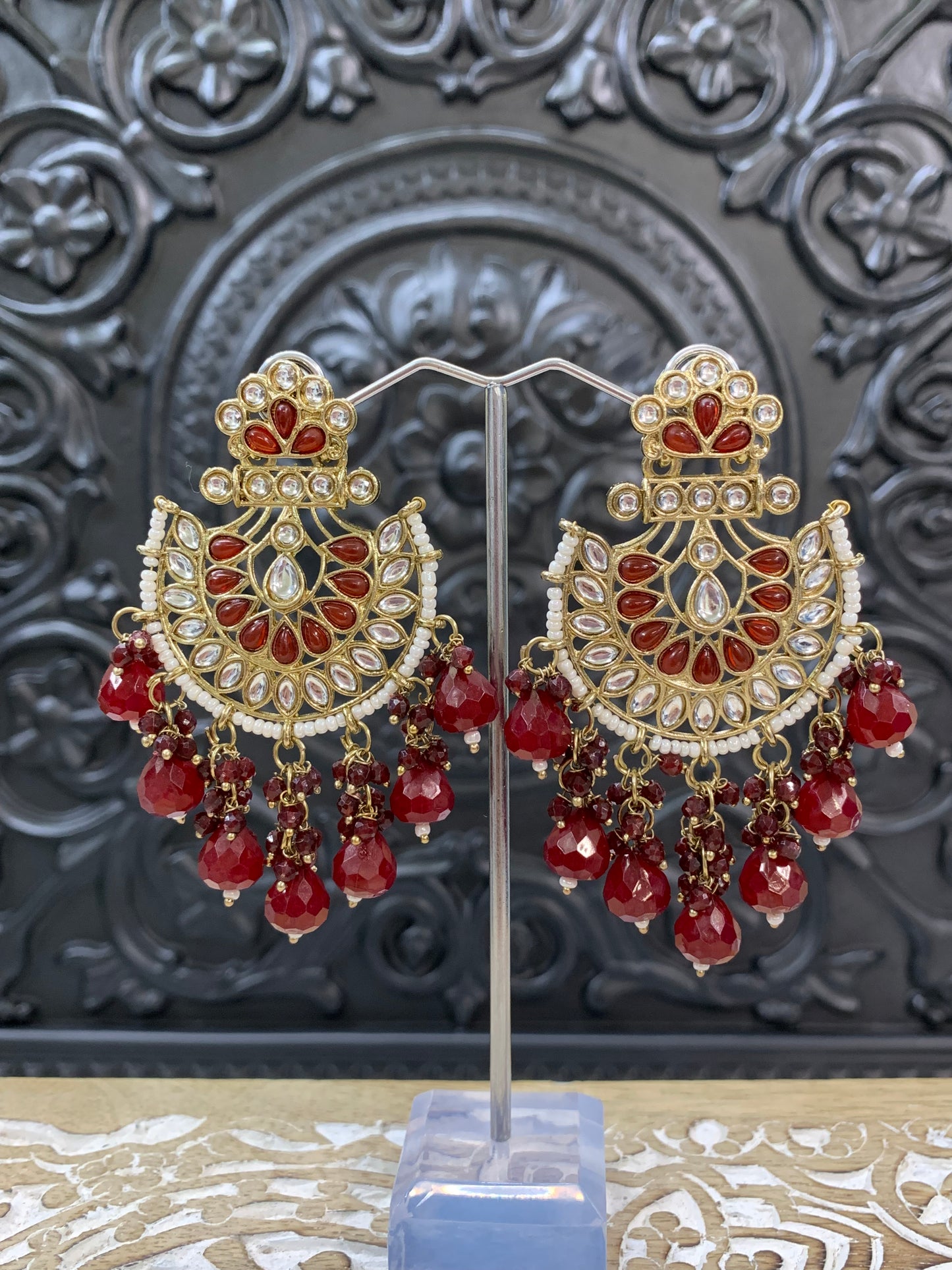 Sujal kundan earring red maroon burgundy