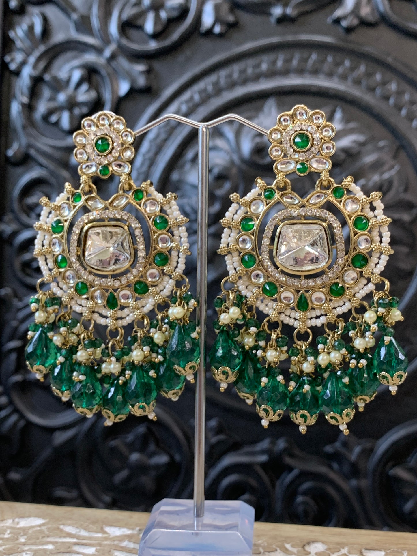 Isabella statement kundan chandbali fashion earring emerald green dark green