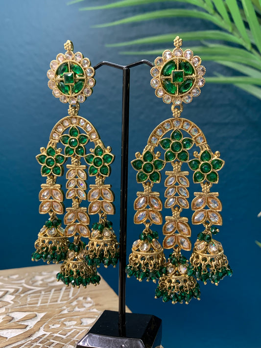 Mansa reverse polki triple Jhumki in emerald green