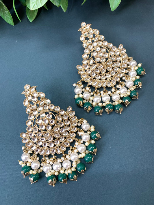 Puspa kundan fashion chandbali style earring set chocolate emerald green
