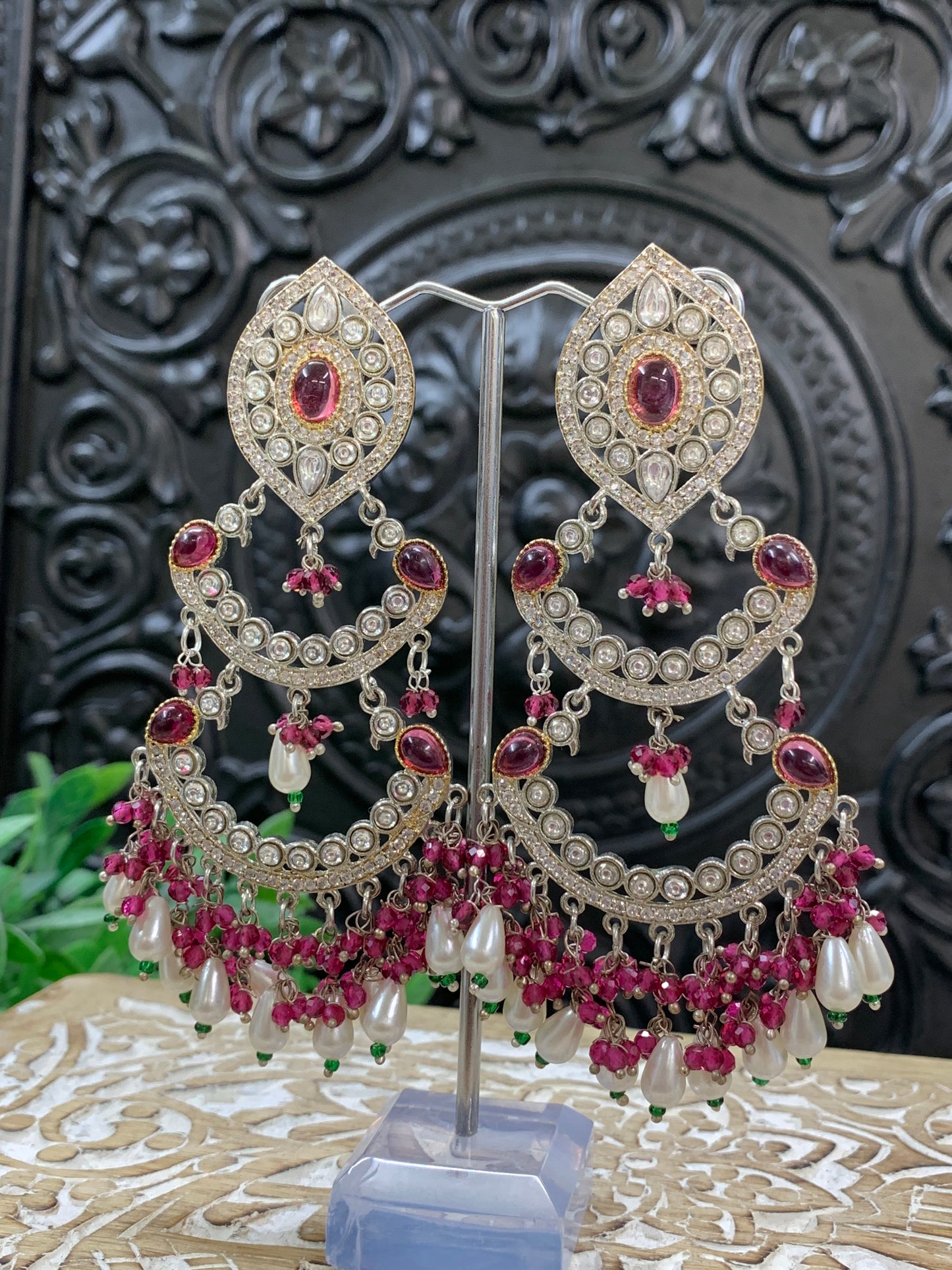 Lauren kundan triple layer chandbali earring wine red