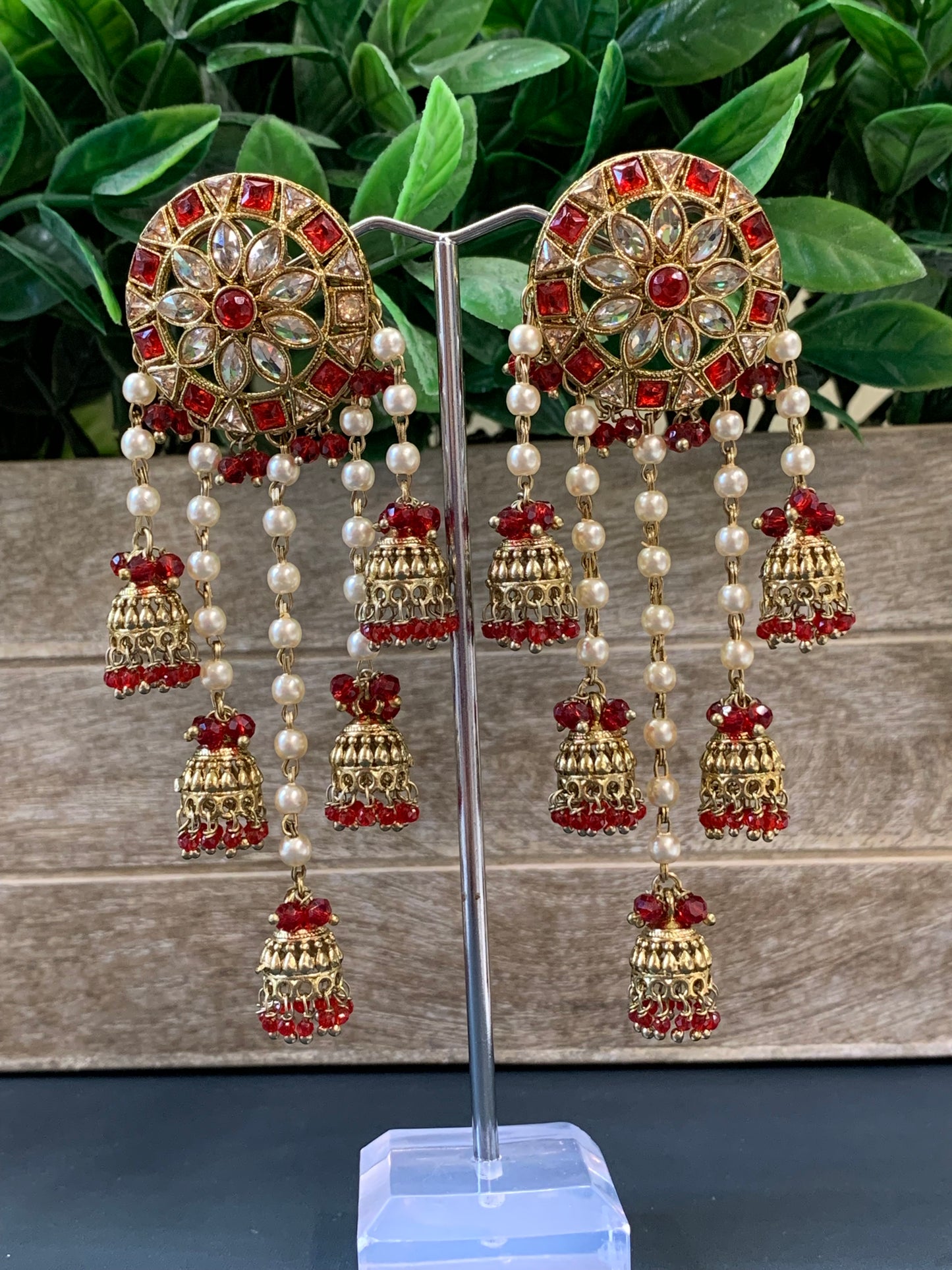Rowan polki jhumki earring antique polk/ gold /blood red