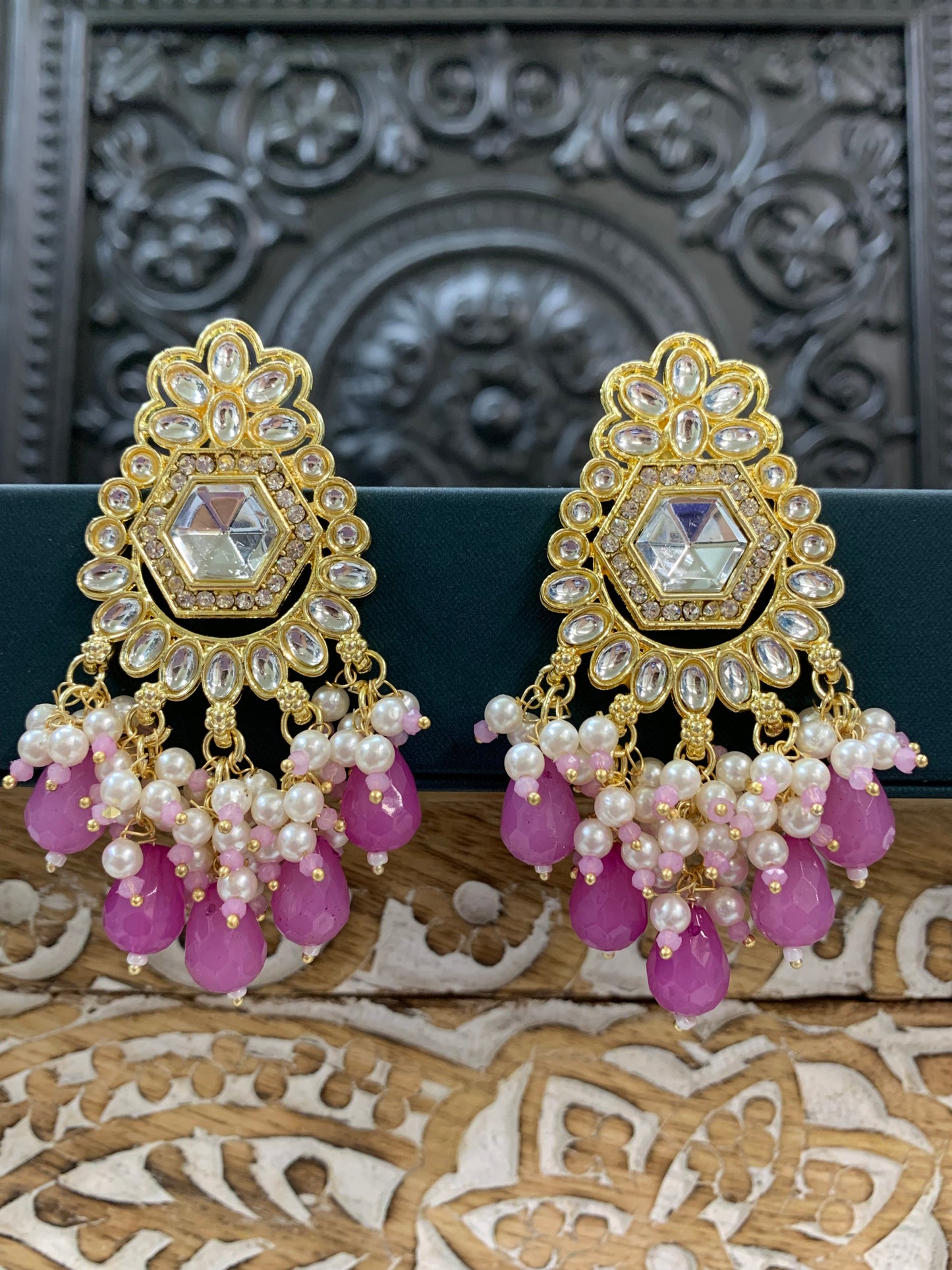 Jill gold kundan stud earring with crystal drops lavender / lilac