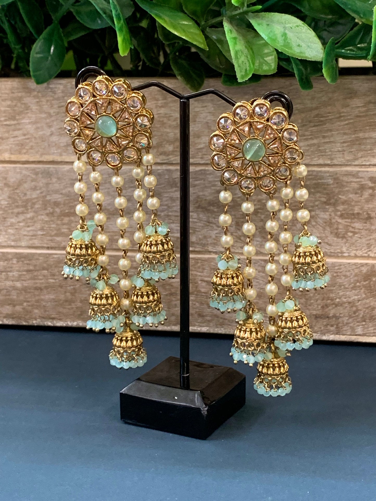 Kalpana polki jhumki earring antique polk/ gold /mint green