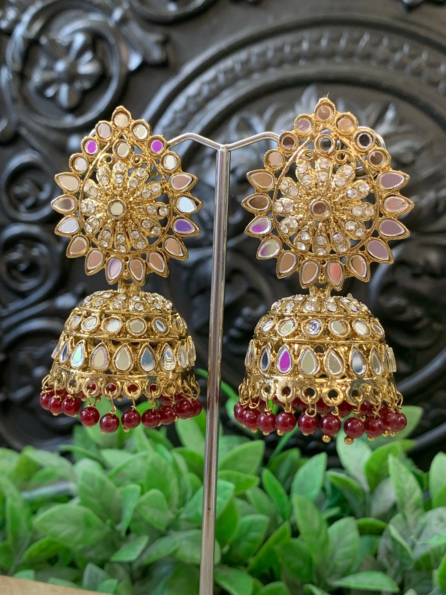Dana mirror jhumki tikka antique gold and maroon / burgundy