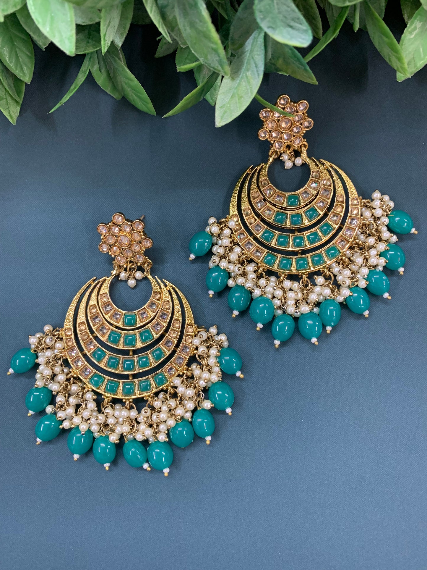Bloom polki chandbali earring antique/ teal green