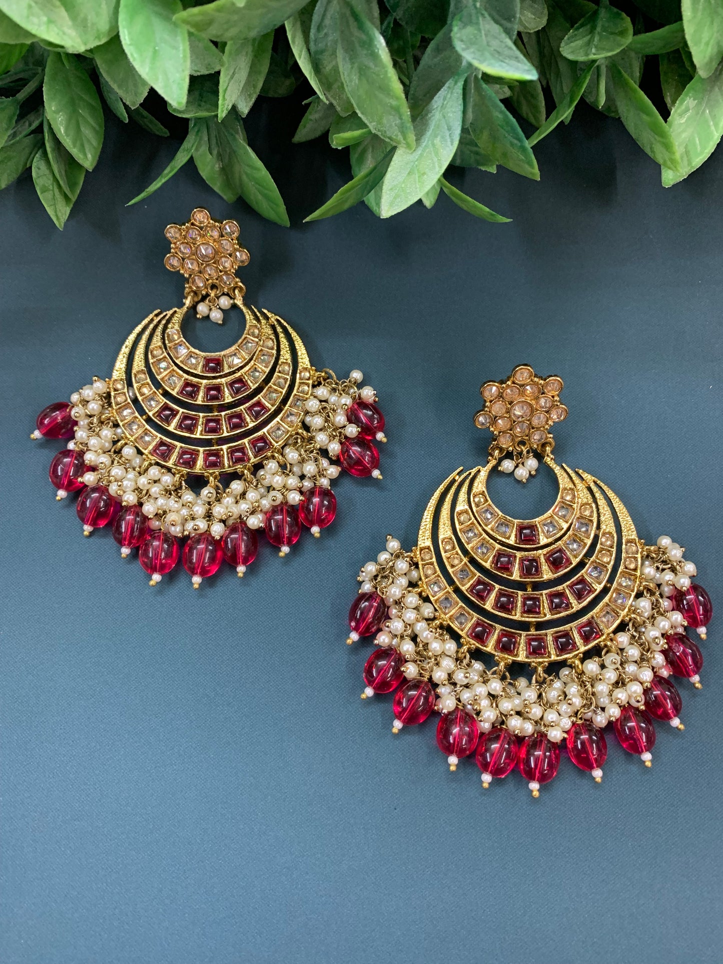 Bloom polki chandbali earring antique/ cherry red