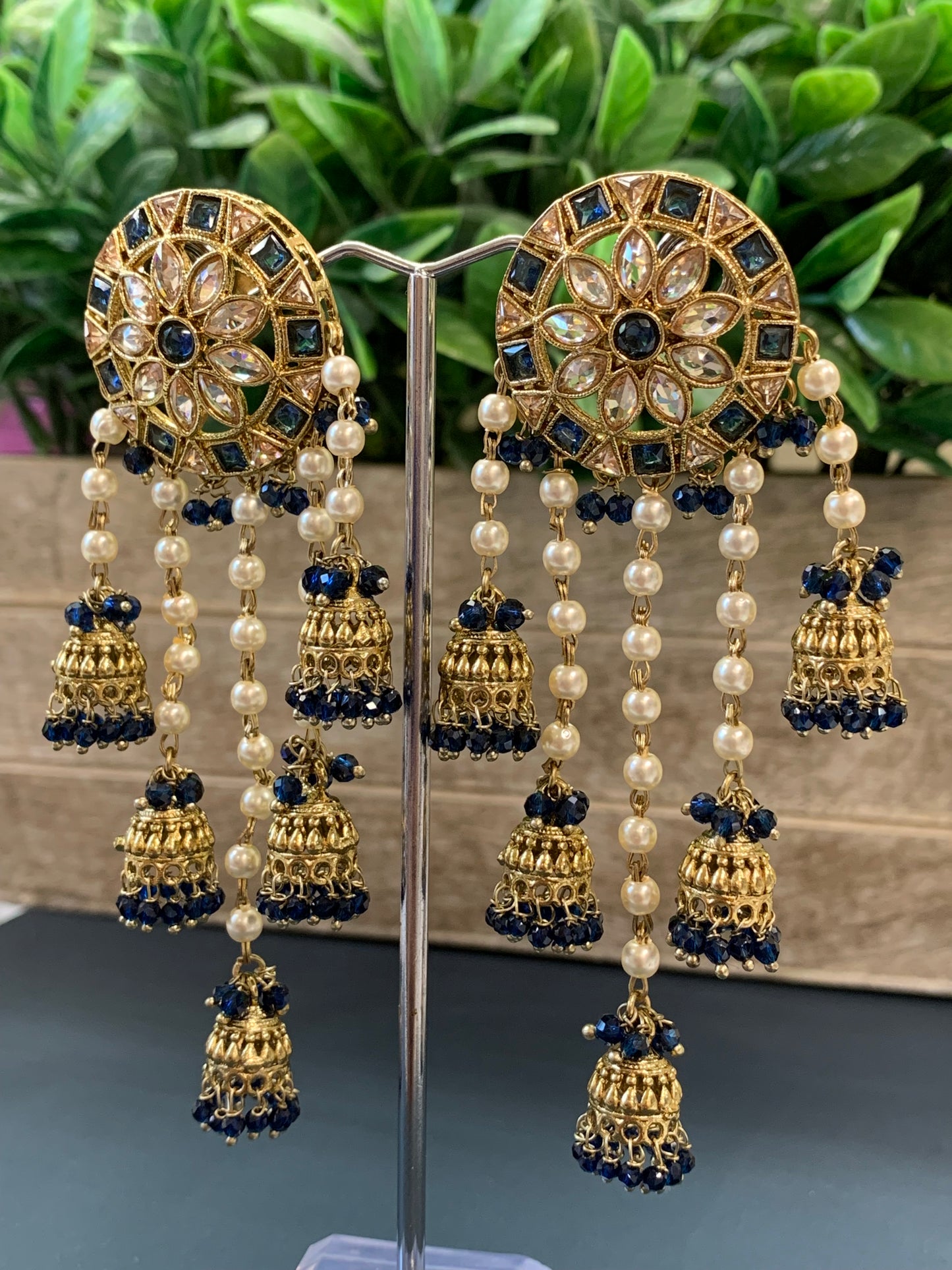 Rowan polki jhumki earring antique polk/ gold /sapphire blue