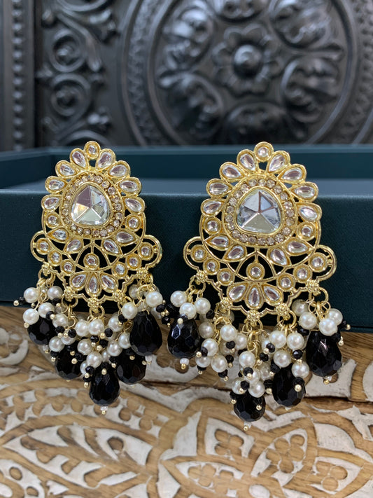Joel gold kundan stud earring with white pearl and black crystal
