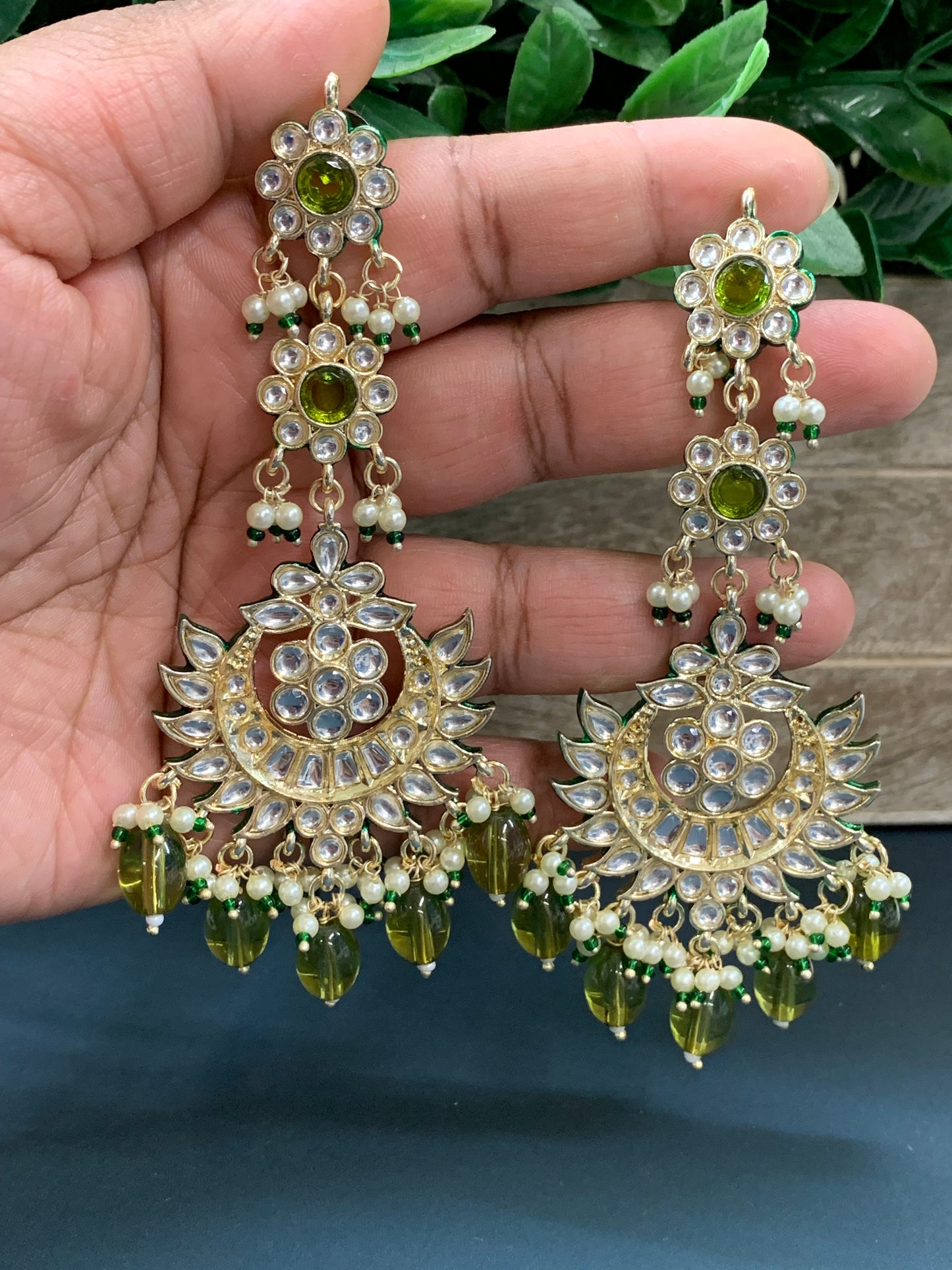 Aru kundan long statement earring mahendi green