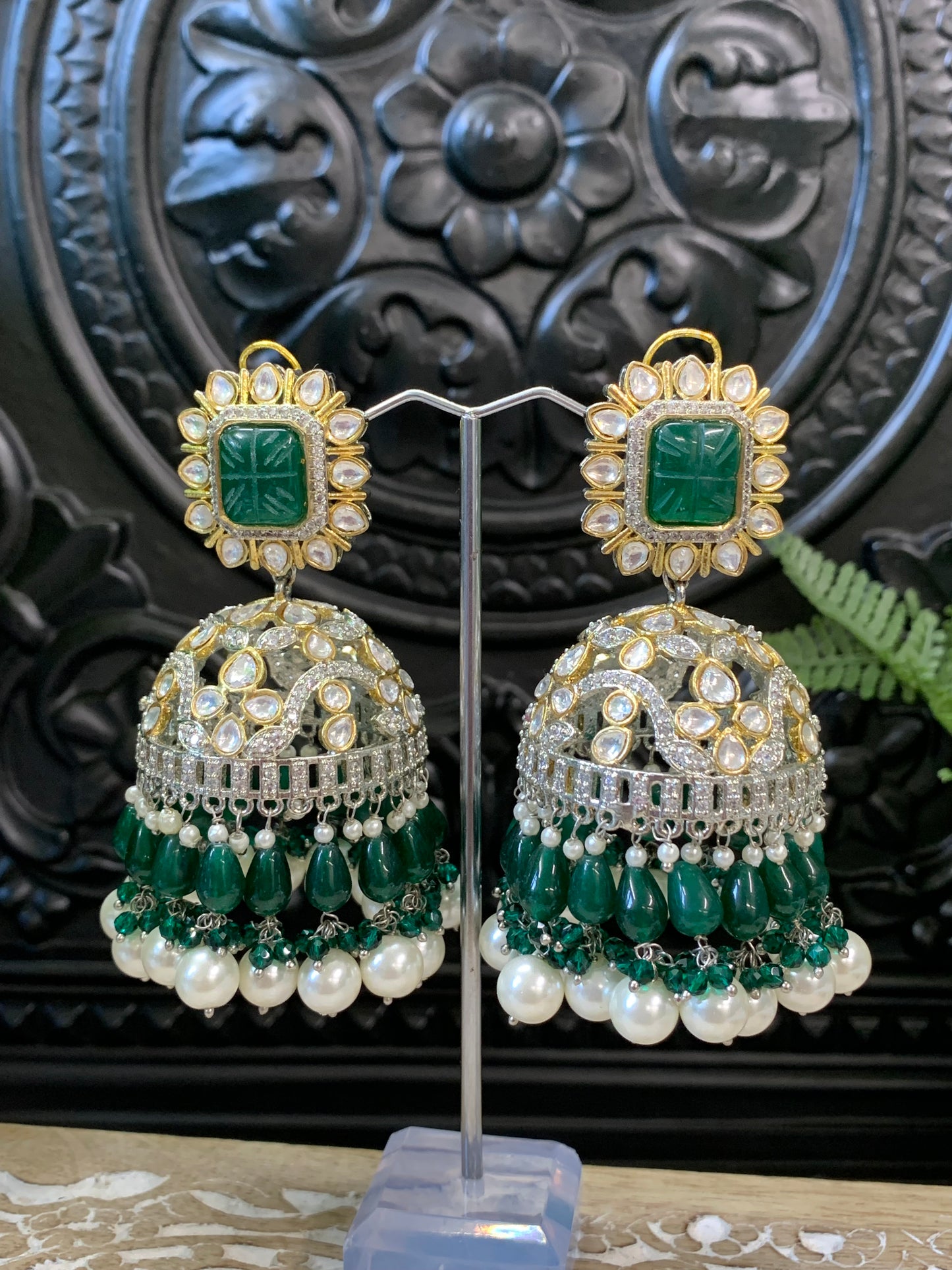 Meena kundan statement jhumka/jhumki earring green emerald