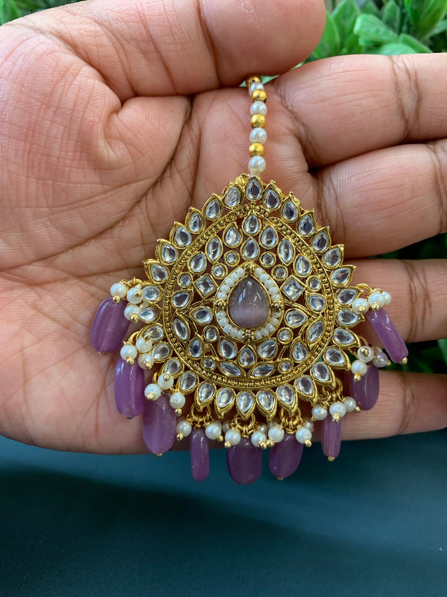 Priya gold plated kundan jhumki earring and tikka purple