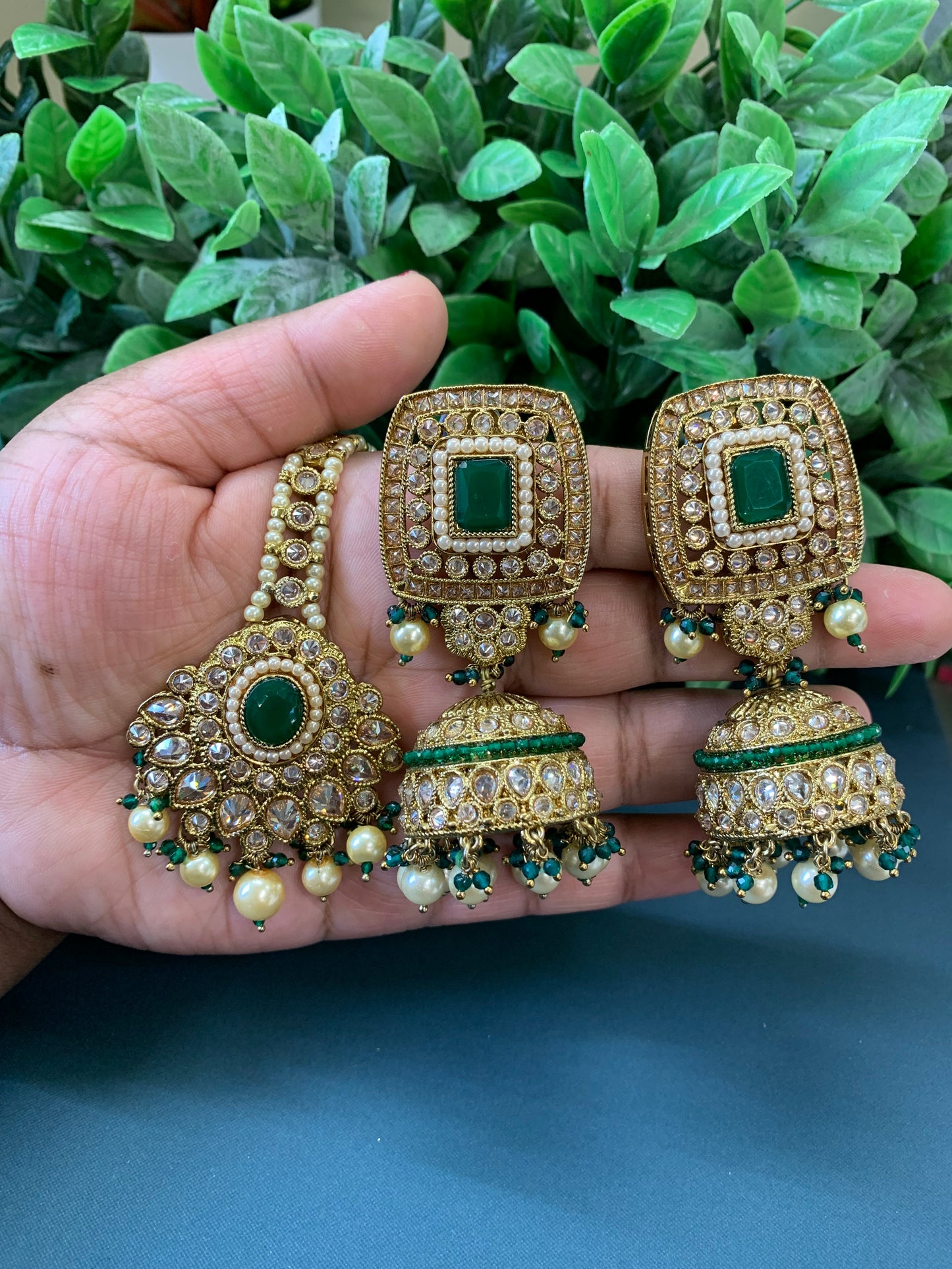Hania emerald green polki jhumki tikka set
