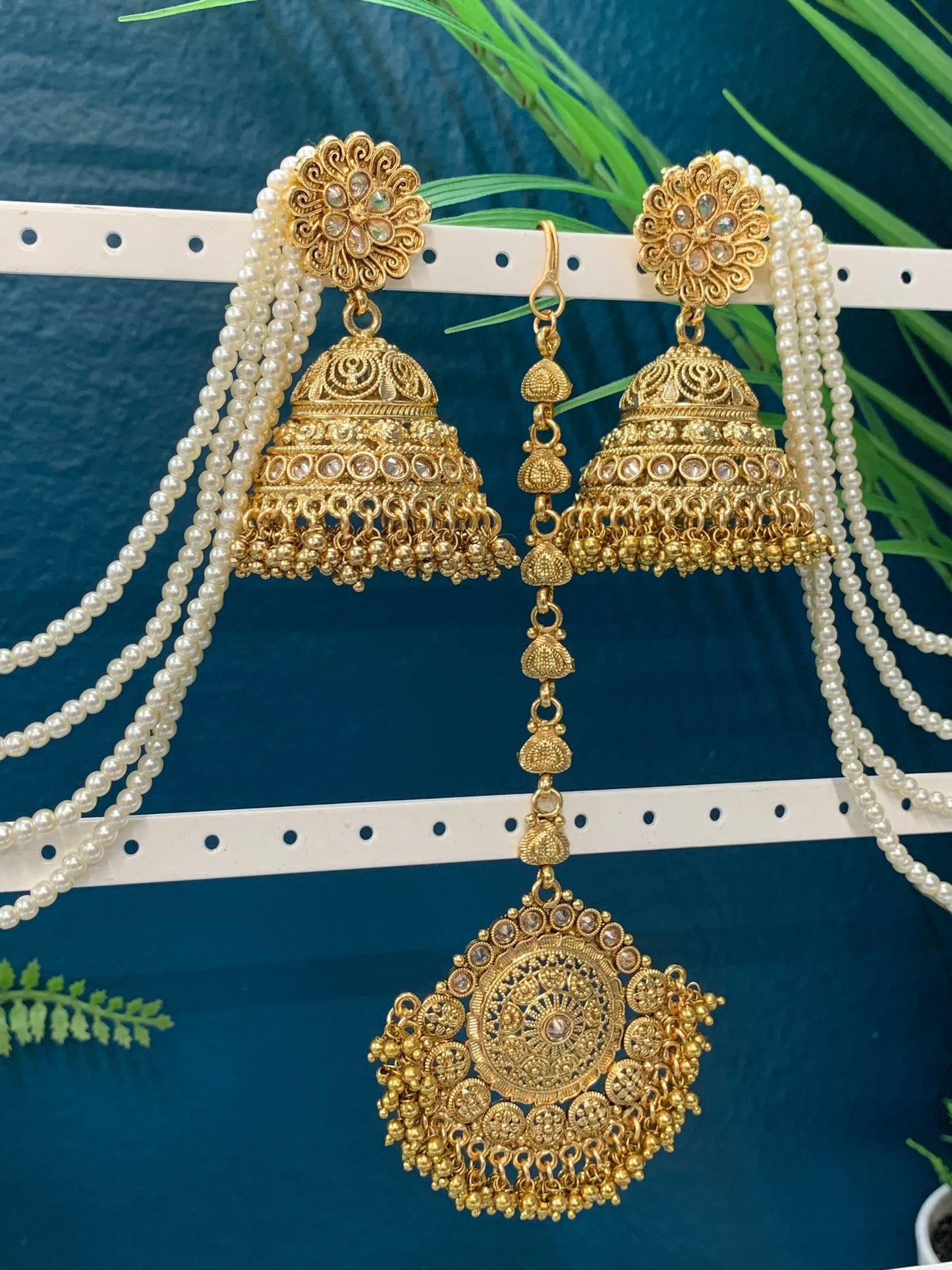 Bahubali style hold jhumki tikka with 5 layers of pearl Sahare Harini