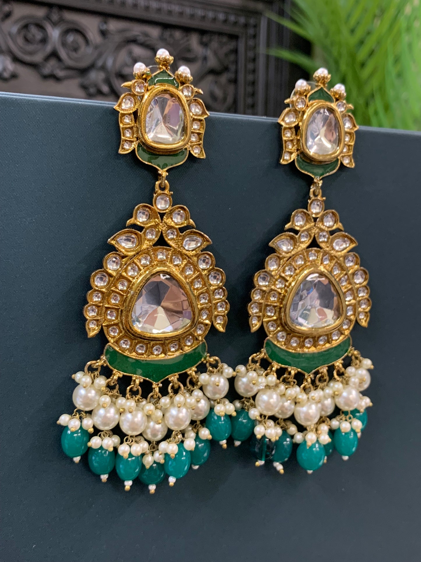 Kim kundan statement fashion earring emerald green