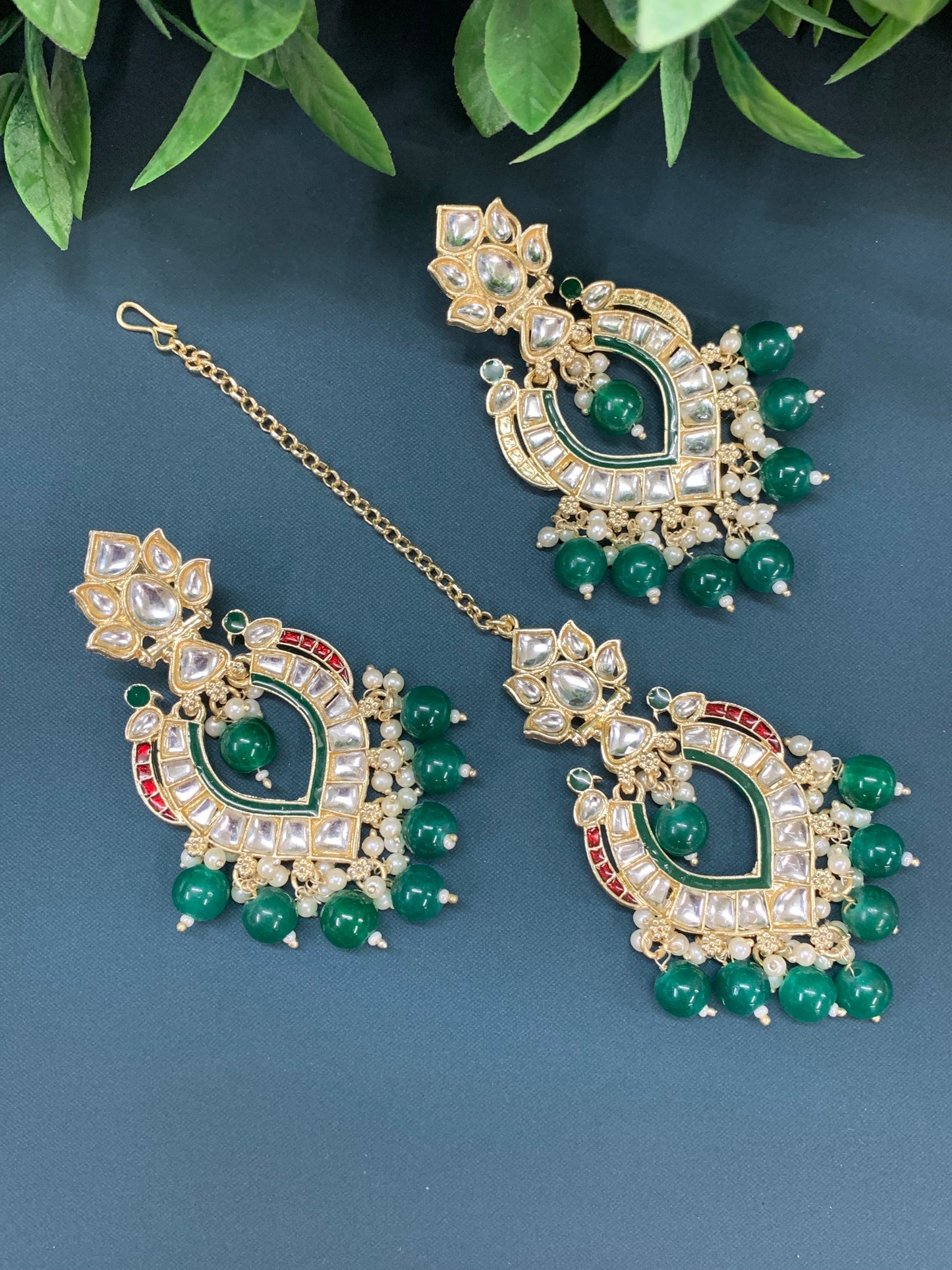 Amber kundan light weight earring tikka set red and green multi