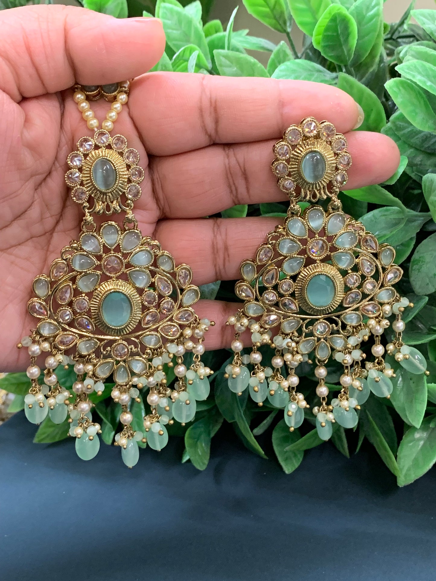 Ravi reverse polki earring tikka set with pearl and pistachio green glass drop