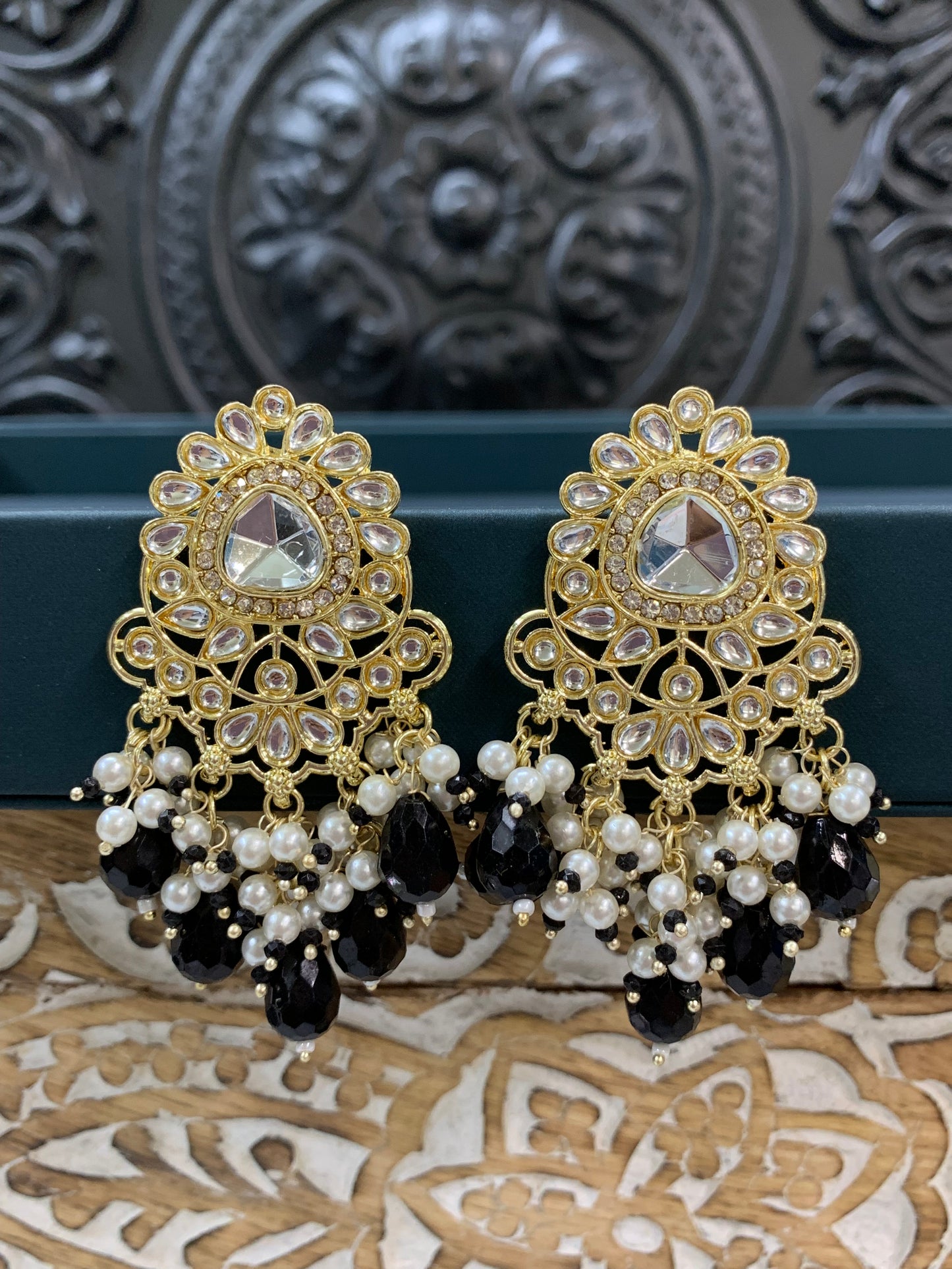 Joel gold kundan stud earring with white pearl and black crystal
