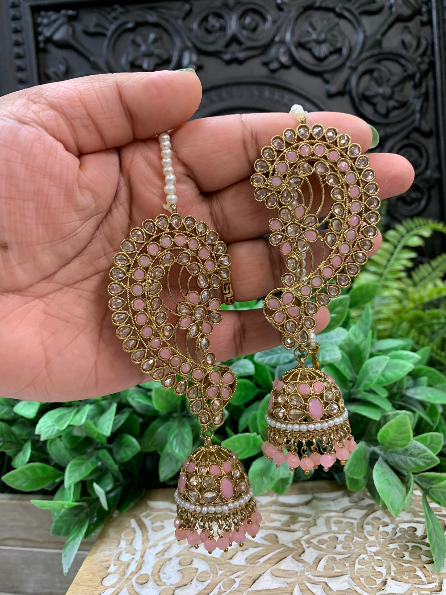 Jacklyn over the ear earring tikka jhumki sahare set pink