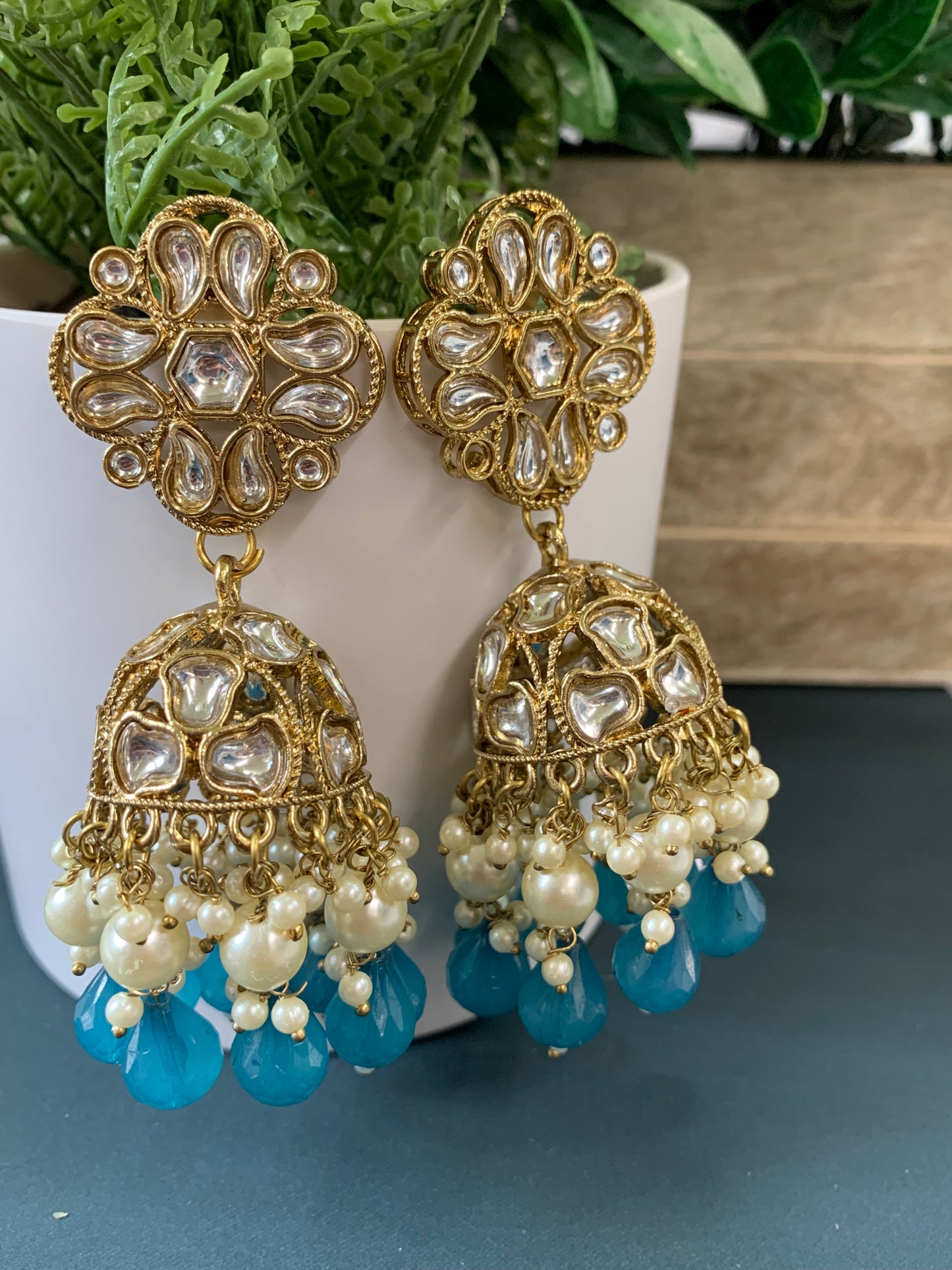 Dia kundan jhumki/ jhumka earring light blue