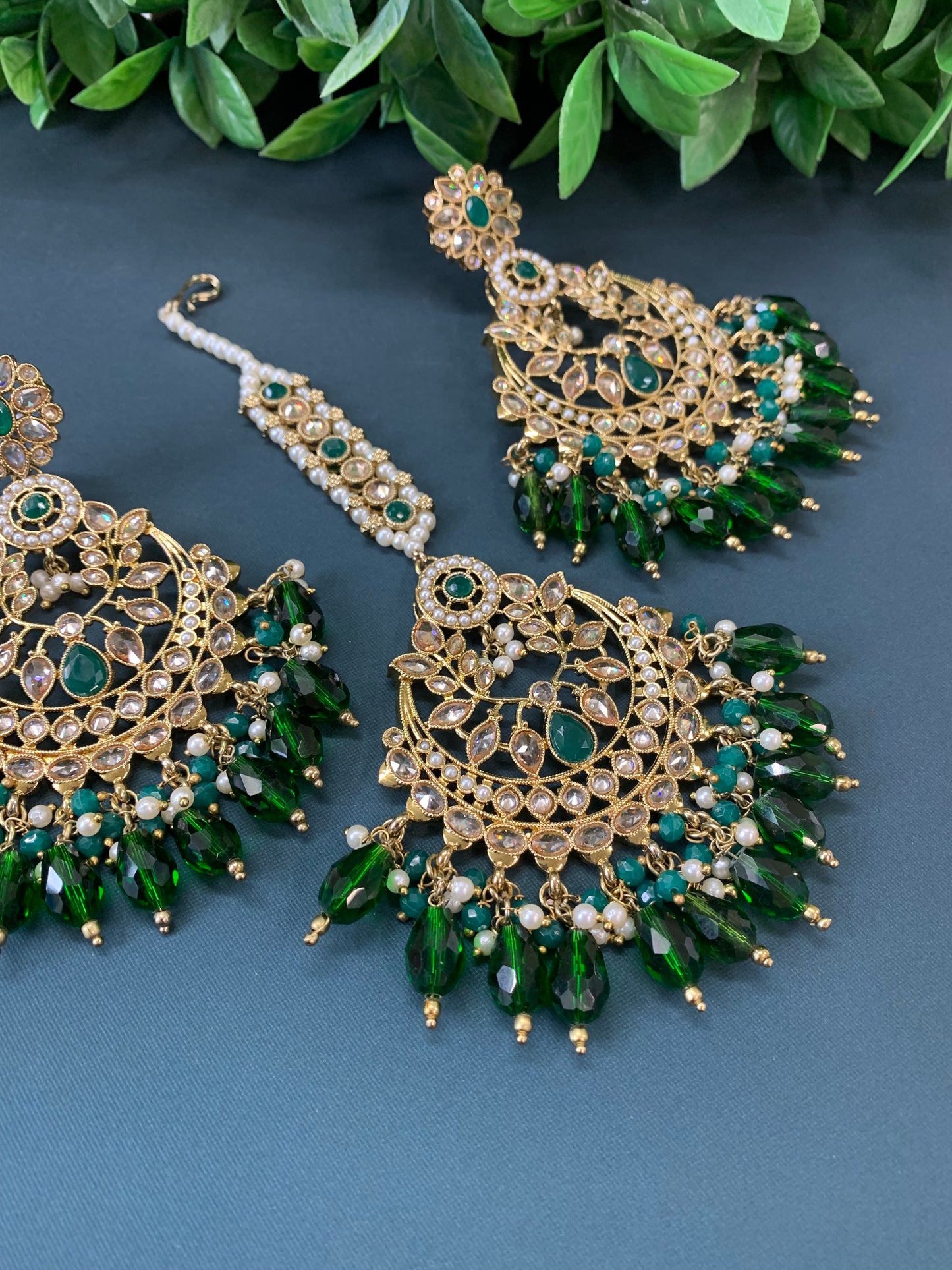Bulbul polki statement earring tikka set antique gold/ crystal emerald green