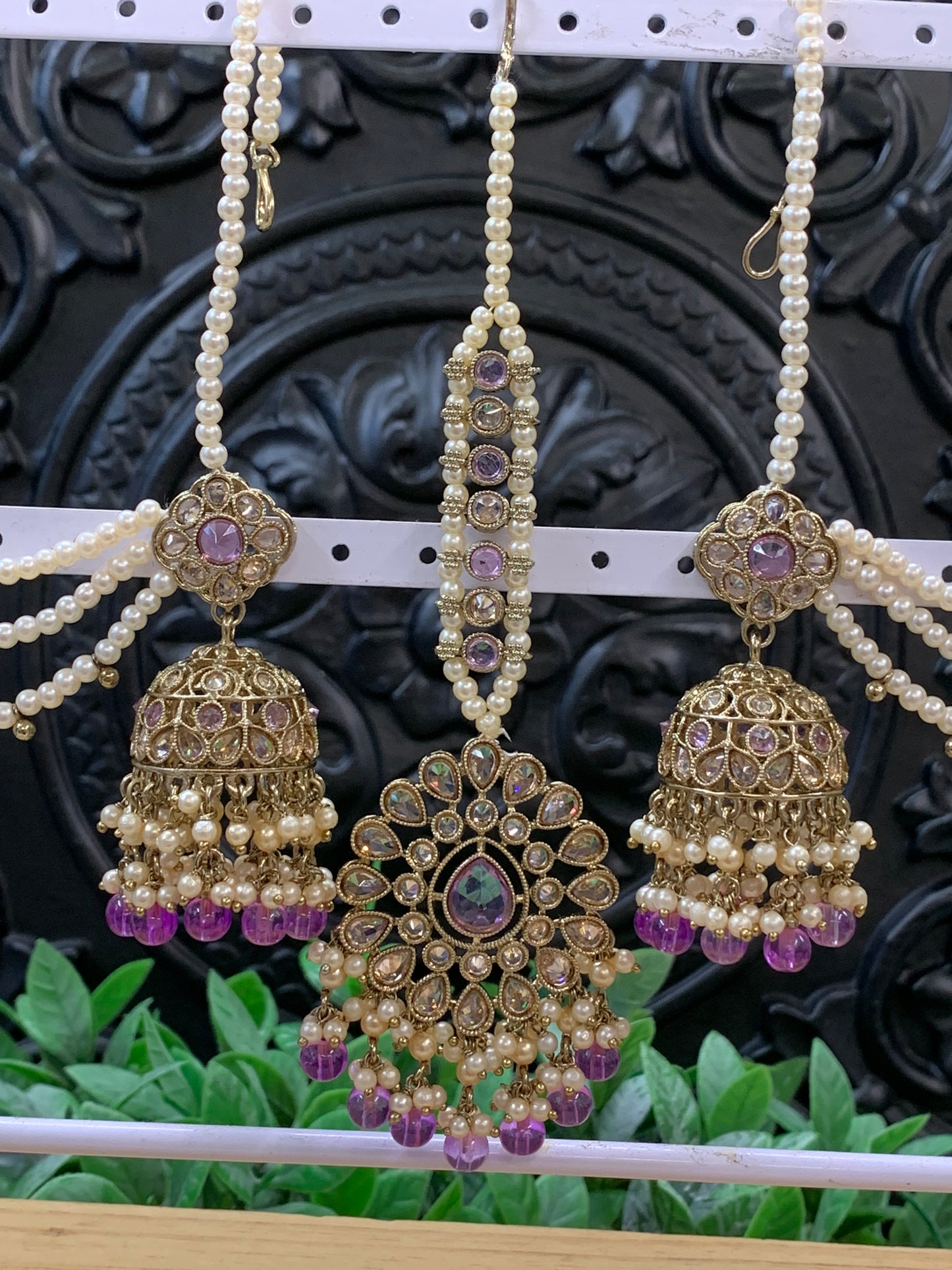 Shana triple layer bahubali sahare jhumki ear chain and matching tikka antique gold /lavender/ lilac