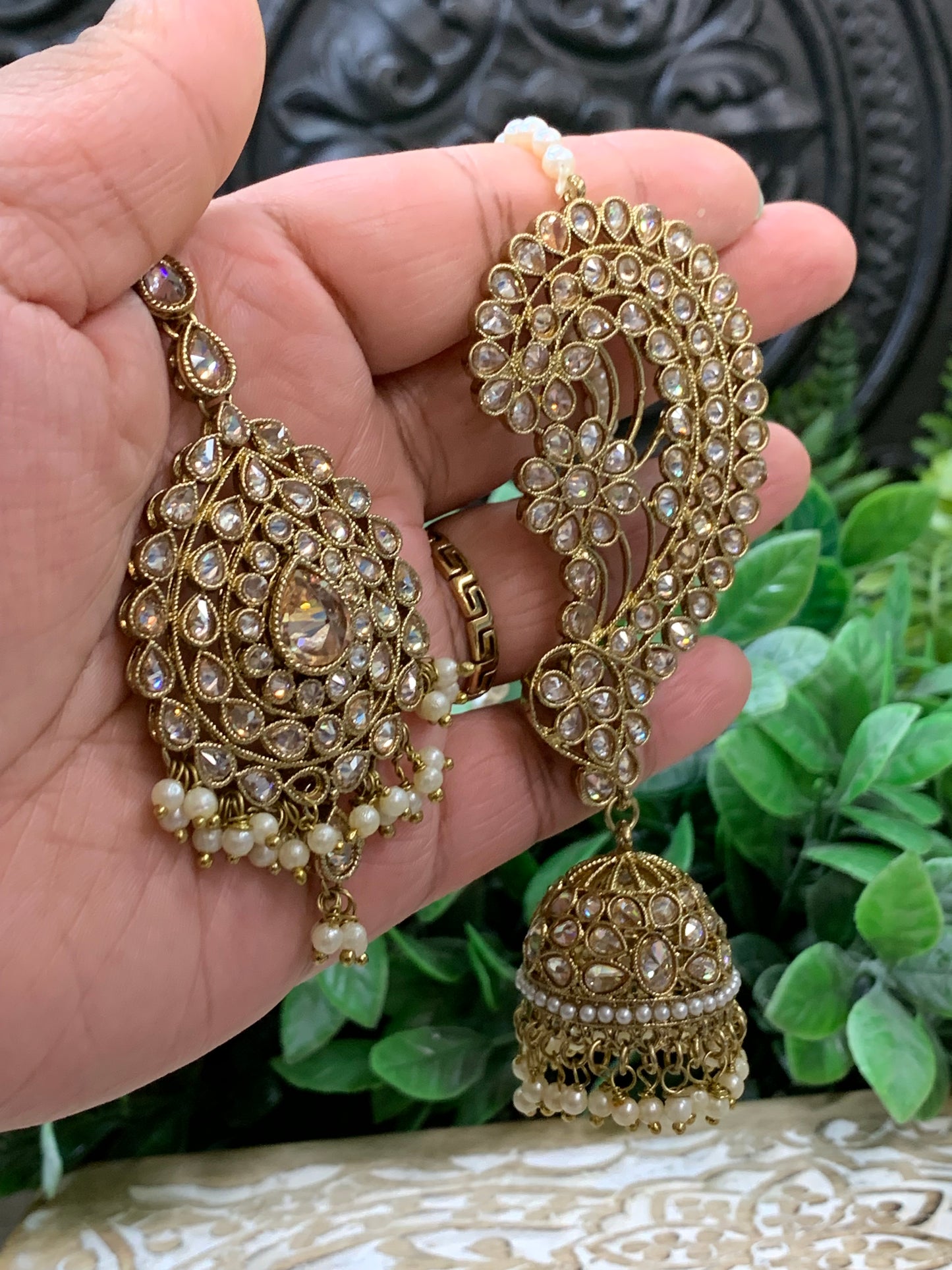 Jacklyn over the ear earring tikka jhumki sahare set pearl