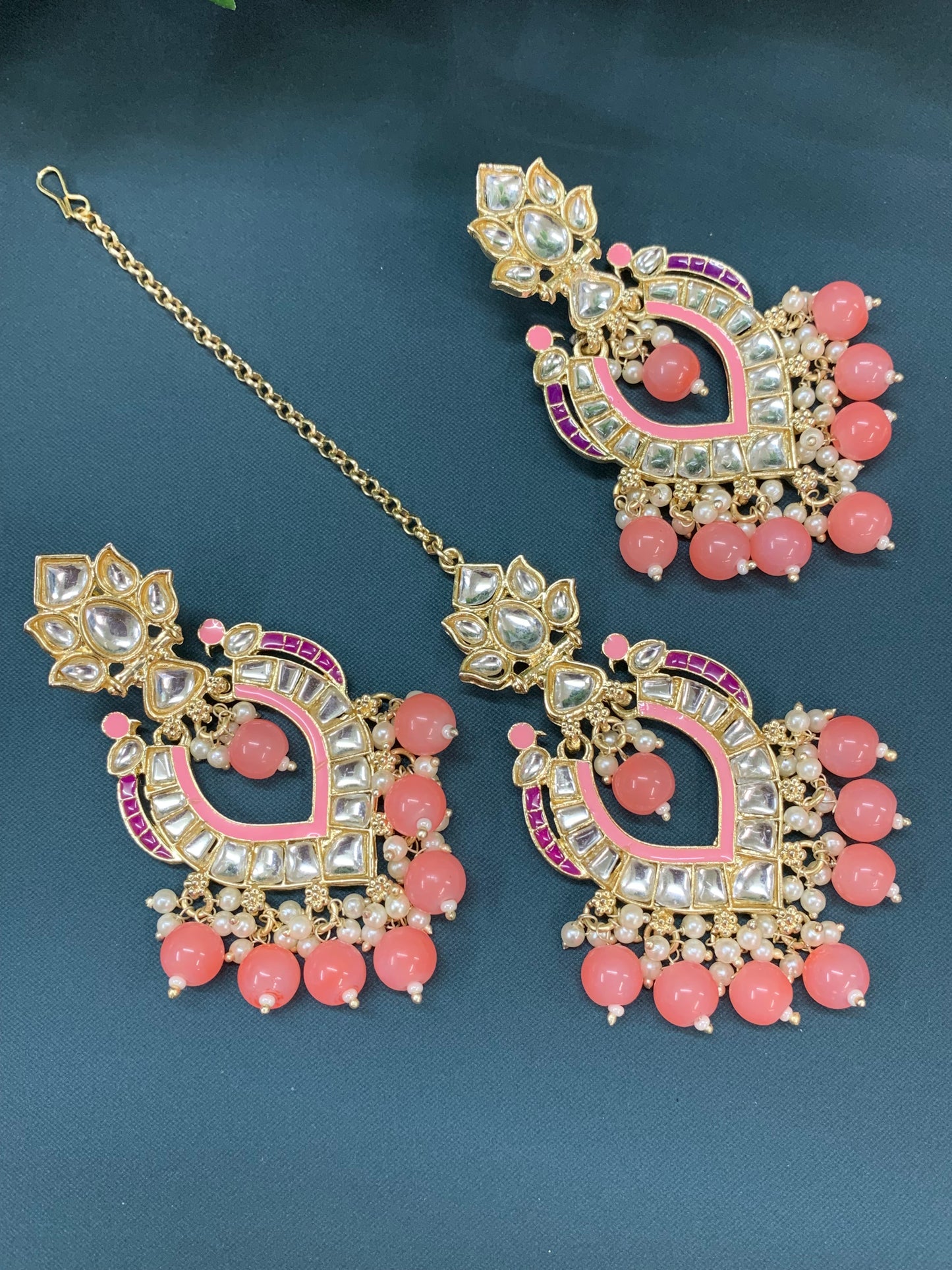 Amber kundan light weight earring tikka set grapefruit pink