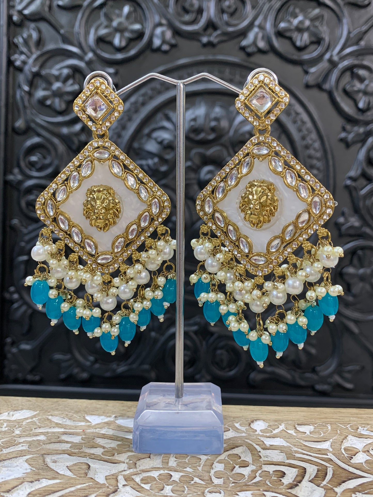 Amaya statement sabyasachi fashion earring tiger detail phirozi blue