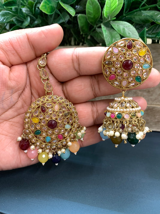 Lori Antique polki gold jhumki tikka multi