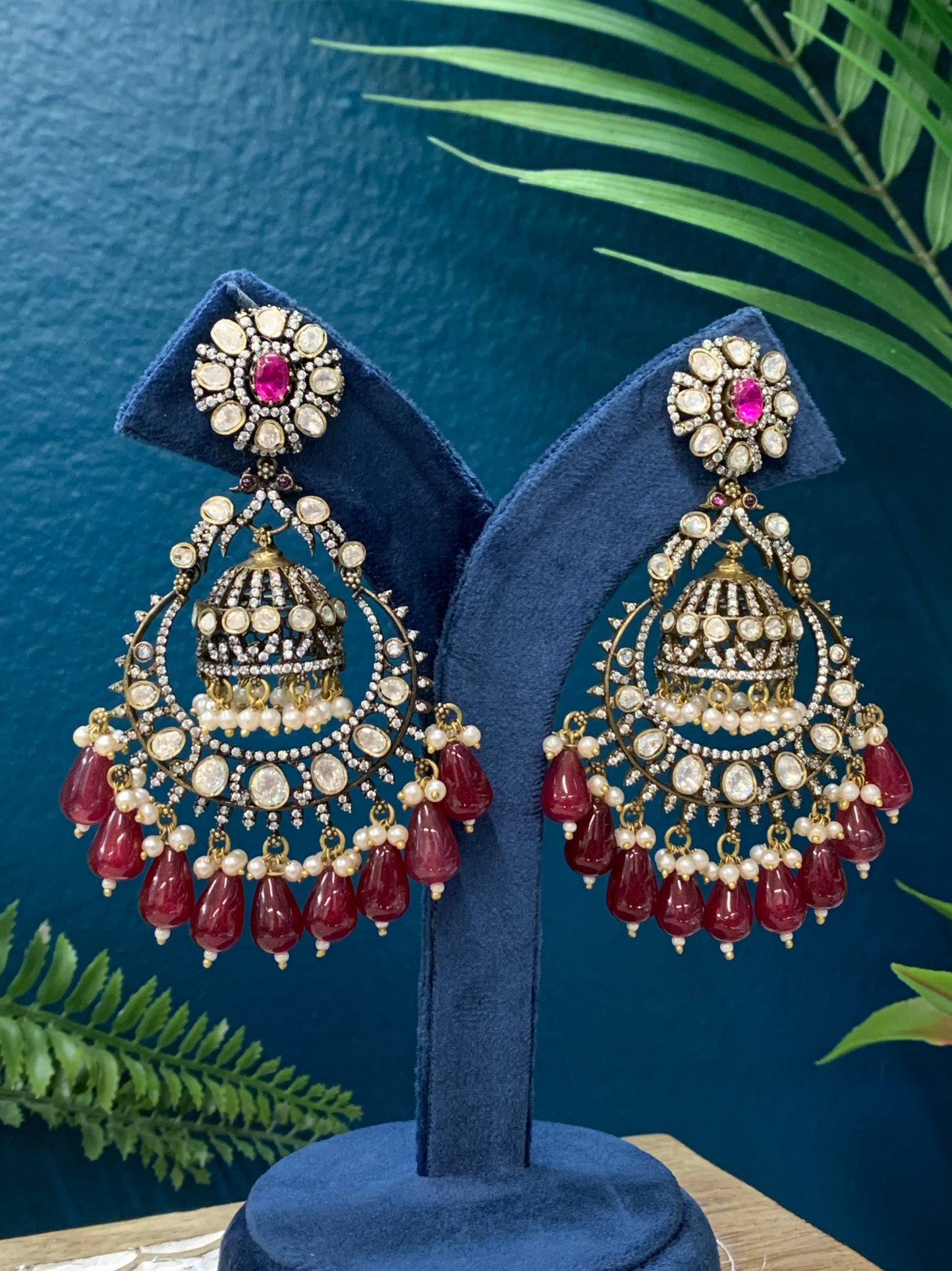 Amayira Mossanite kundan statement jhumki earring with pota stone work