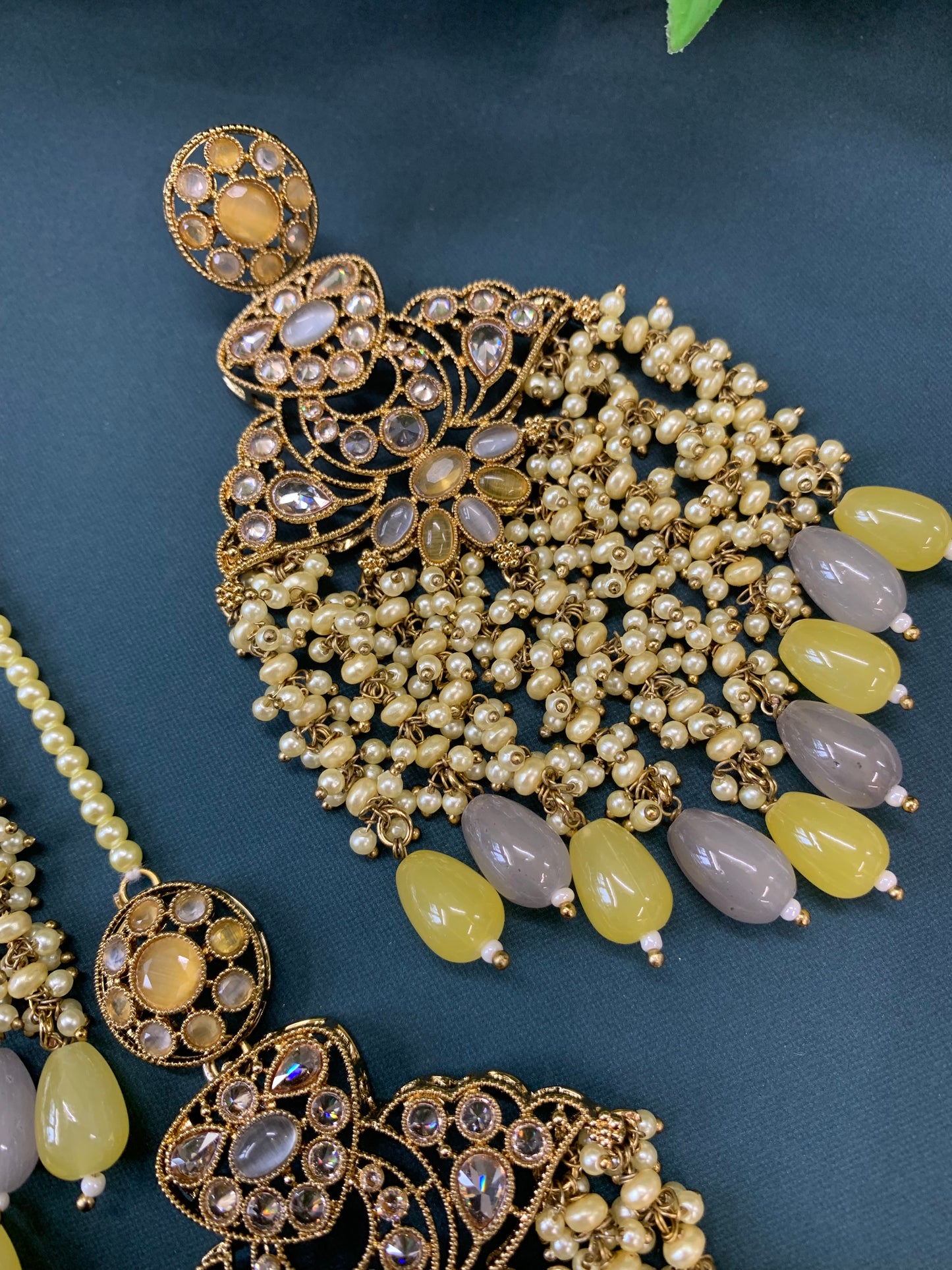 Cara statement polki earring tikka set pearl details and grey yellow multi