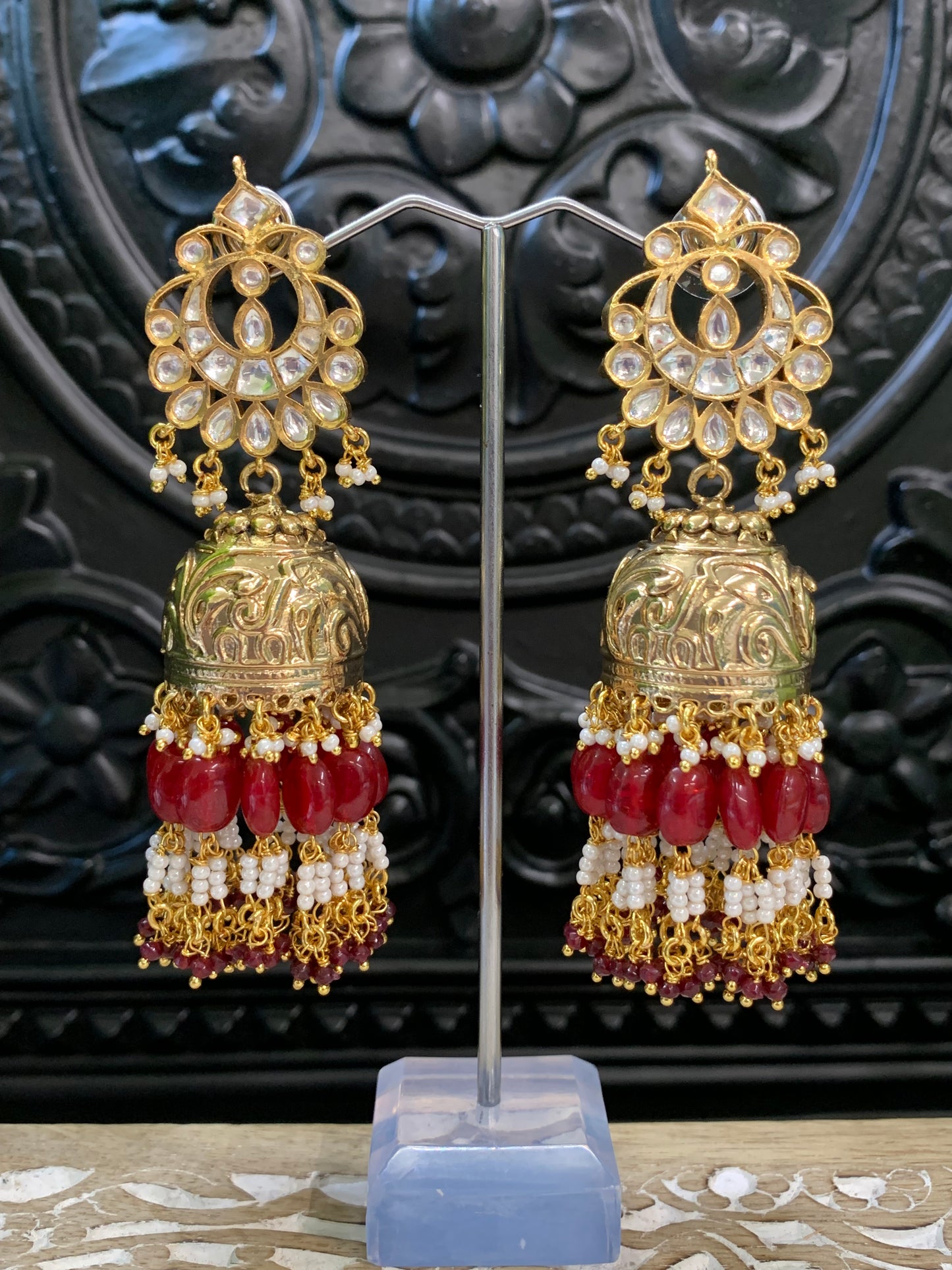 Bella moissanite kundan jhumki earring maroon red