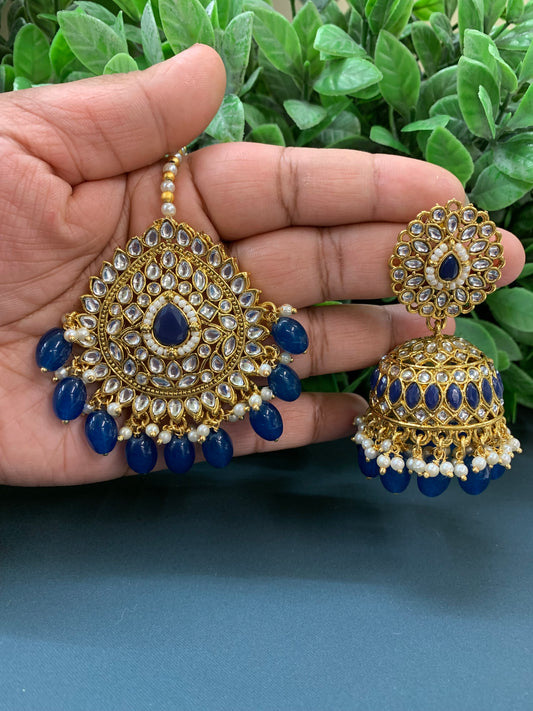Priya gold plated kundan jhumki earring and tikka blue