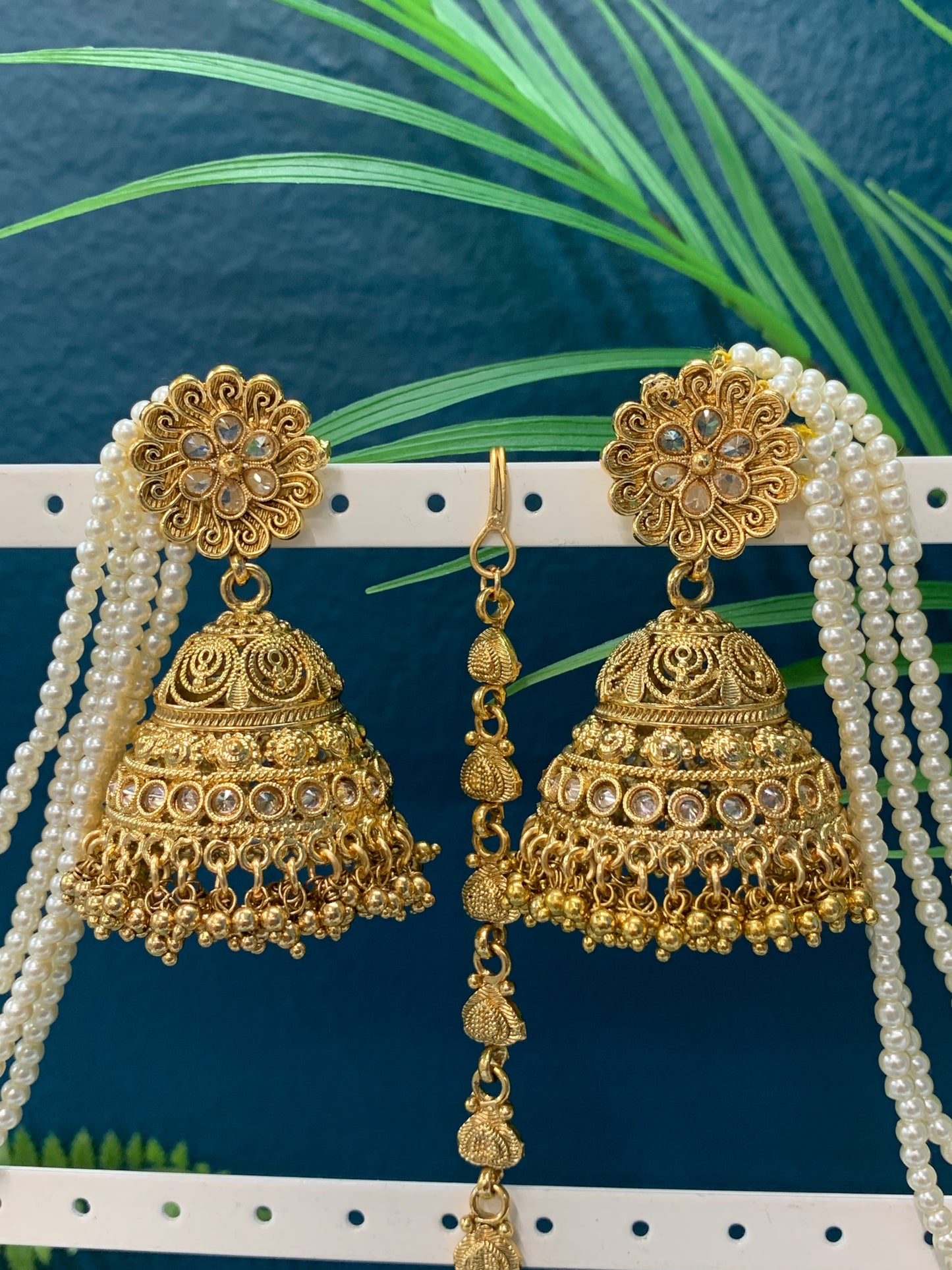 Bahubali style hold jhumki tikka with 5 layers of pearl Sahare Harini