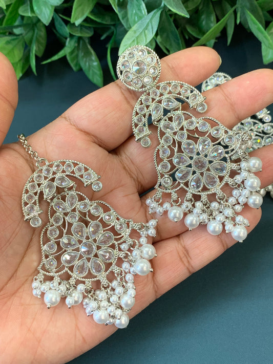 Enaya reverse popki tikka set chandbali style clear silver