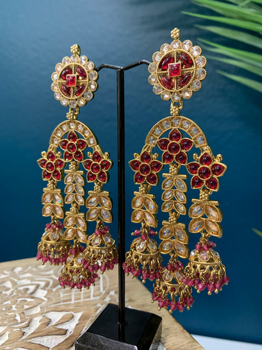 Mansa reverse polki triple Jhumki in cherry red