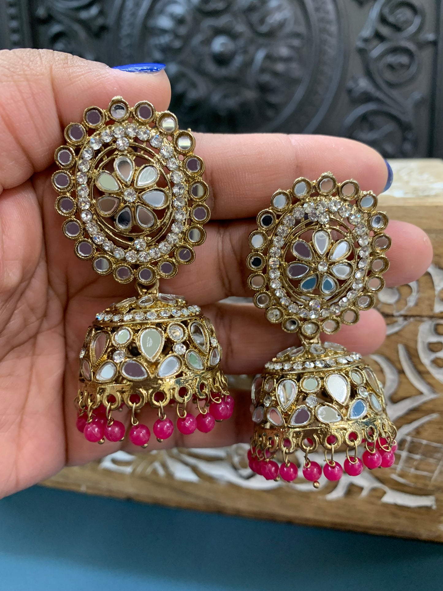 Kate mirror jhumki tikka antique gold and magenta pink