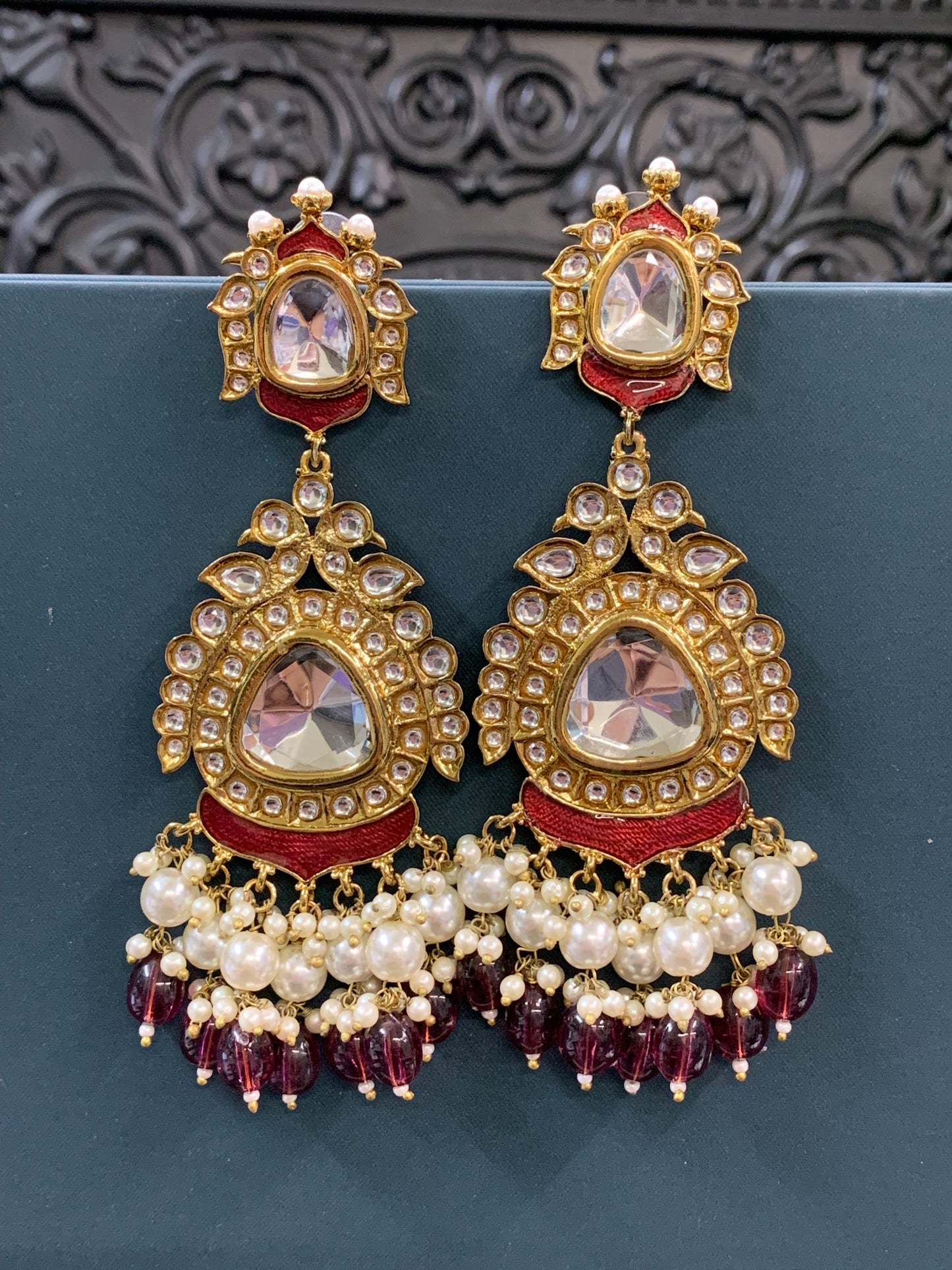 Kim kundan statement fashion earring red maroon/ burgundy