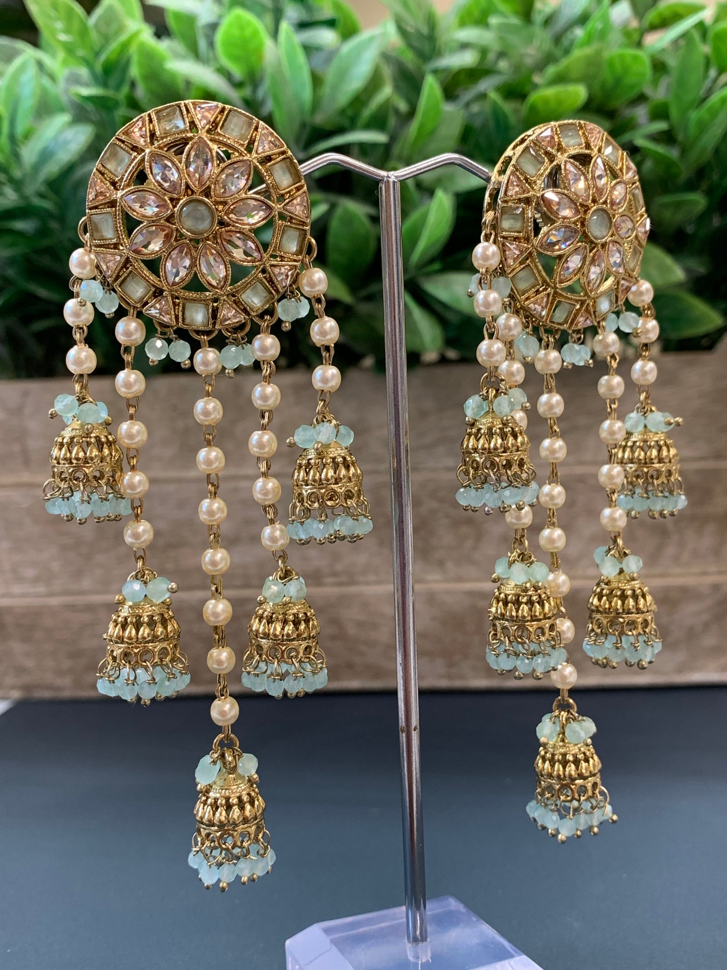 Rowan polki jhumki earring antique polk/ gold /mint green