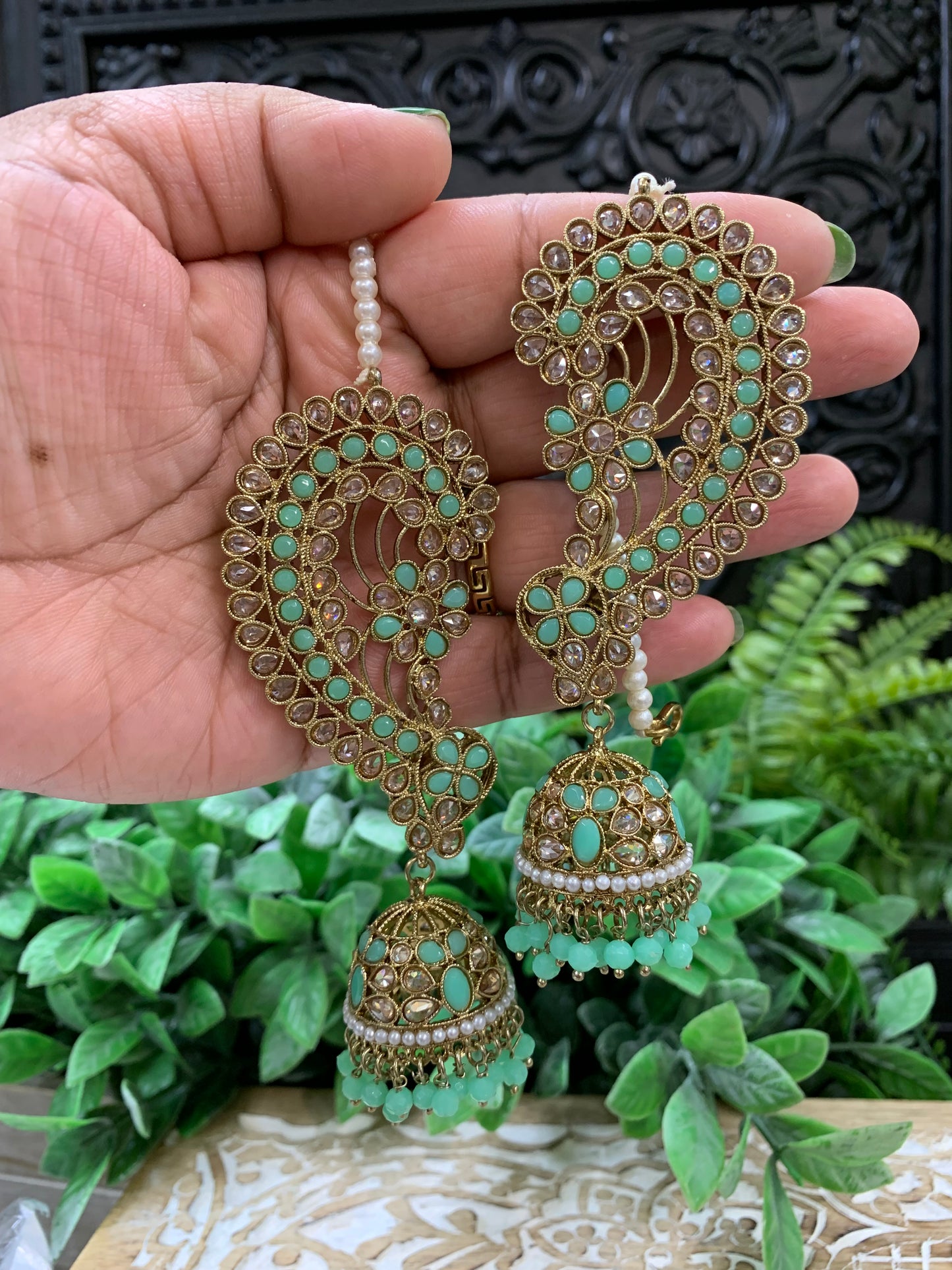 Jacklyn over the ear earring tikka jhumki sahare set mint