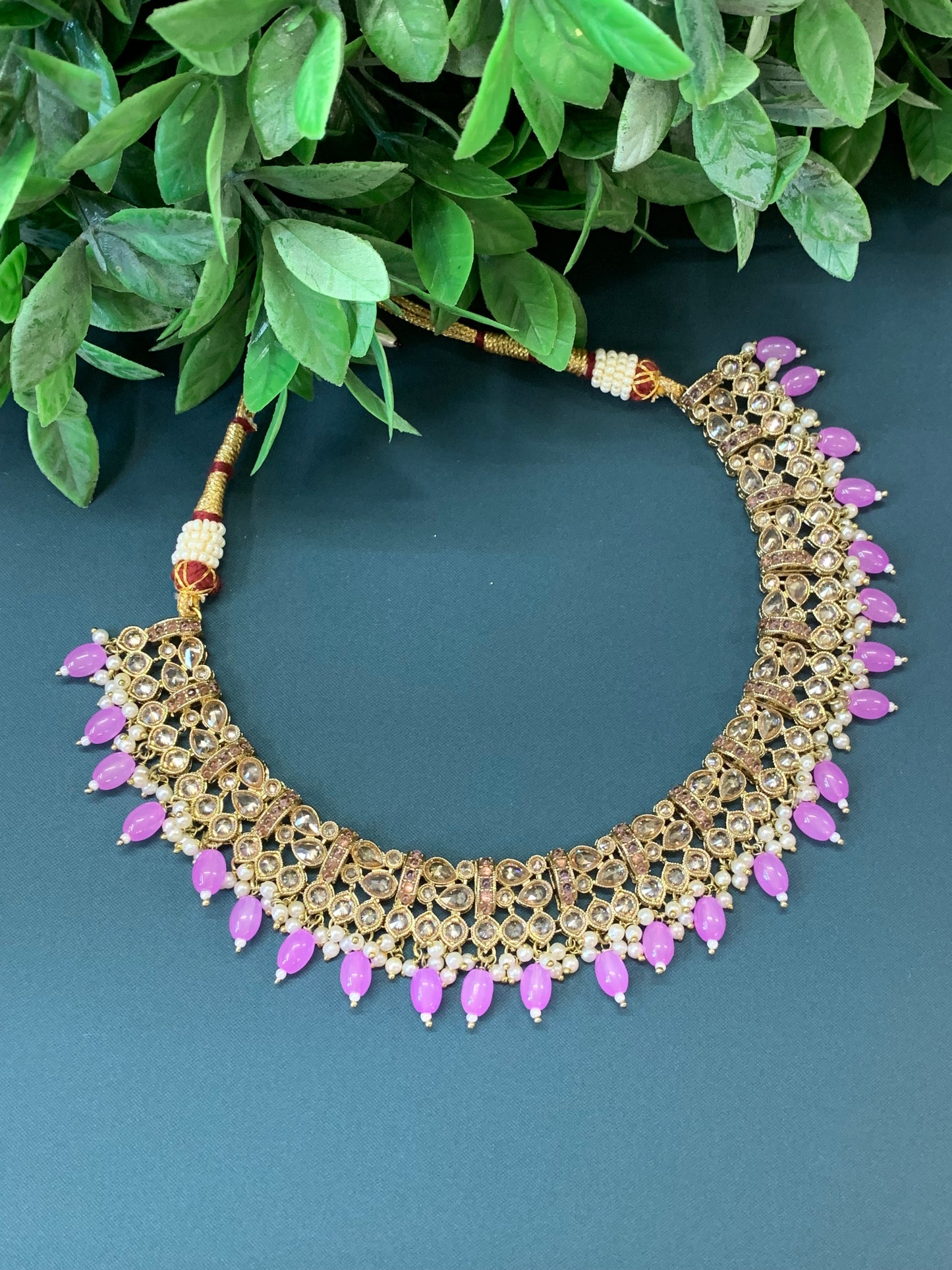 Allan polki necklace with jhumki tikka lavender/ lilac